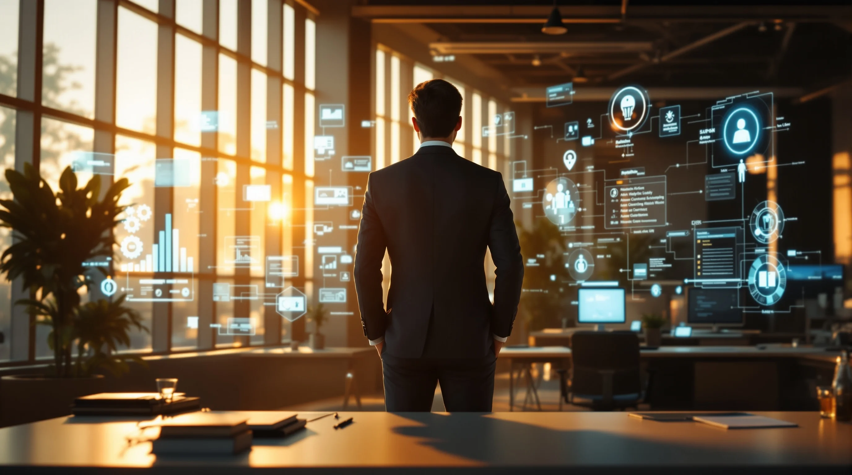 Business executive at crossroads choosing between traditional marketing tools and AI copywriting technology in modern office