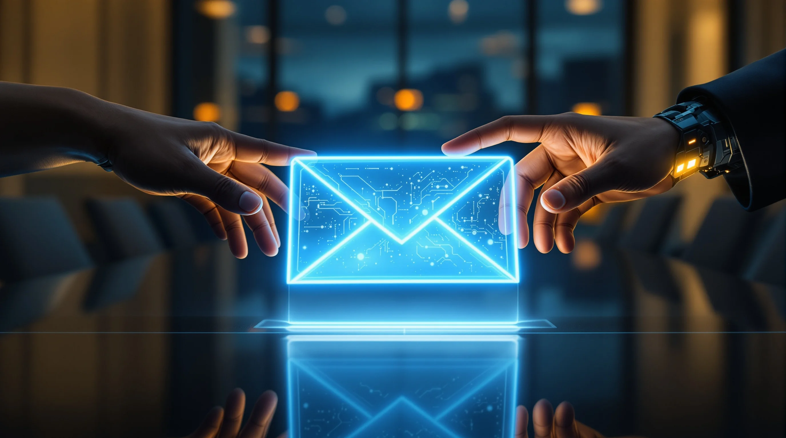 Human and AI hands reaching toward a glowing cracked envelope, symbolizing the trust gap in AI email copywriting.