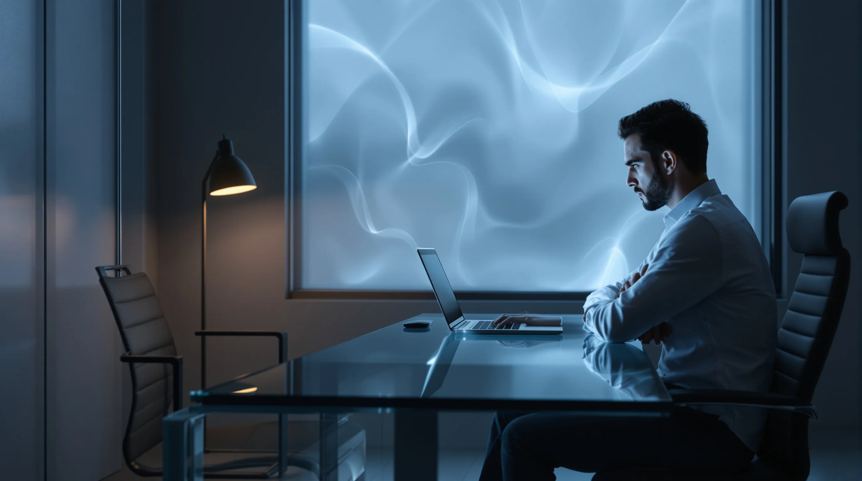 Skeptical businessperson at glass desk reviewing AI-generated email content with guarded body language in a modern office