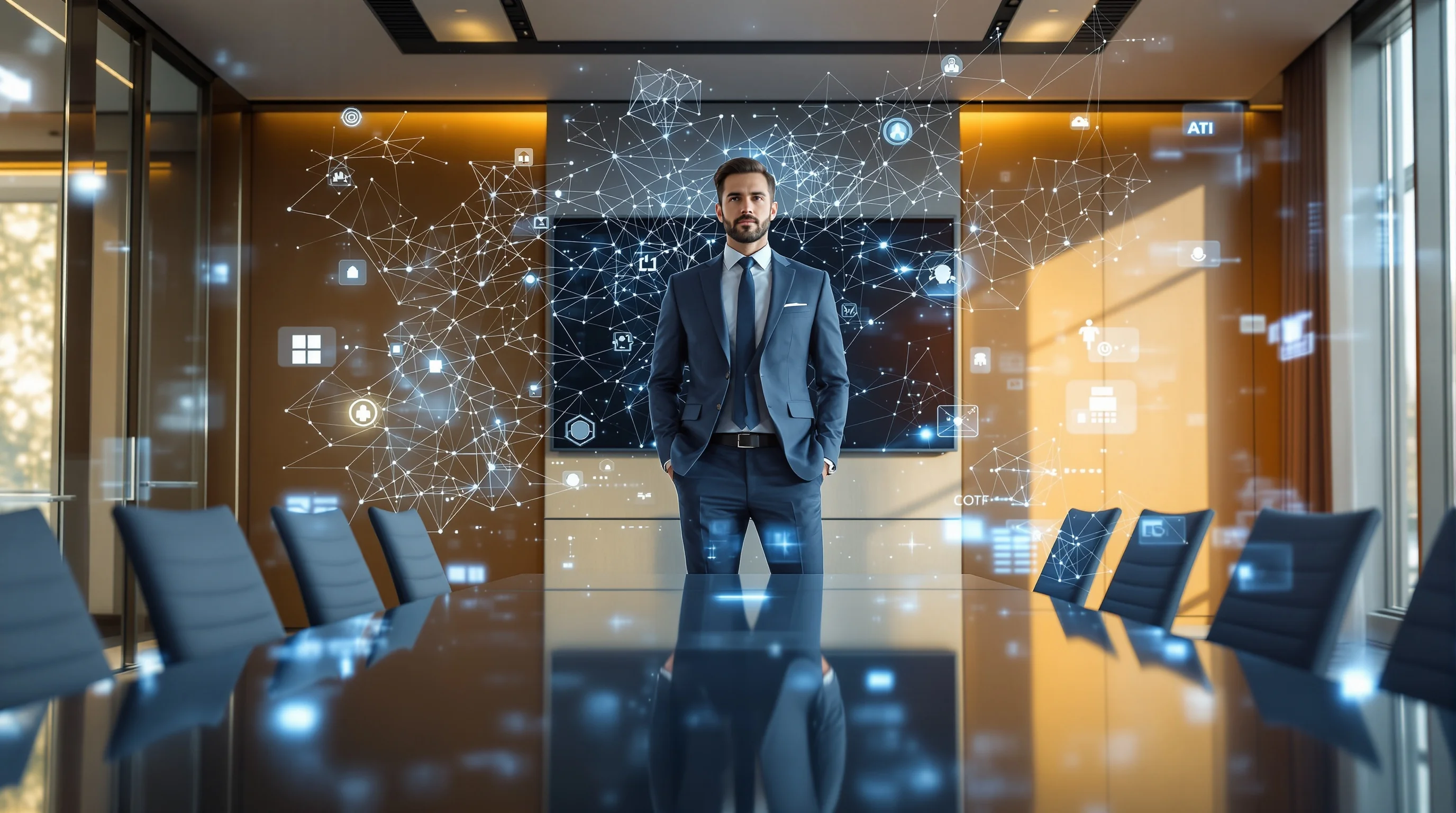 Executive leader in modern boardroom with holographic AI data visualizations and neural network patterns floating around them