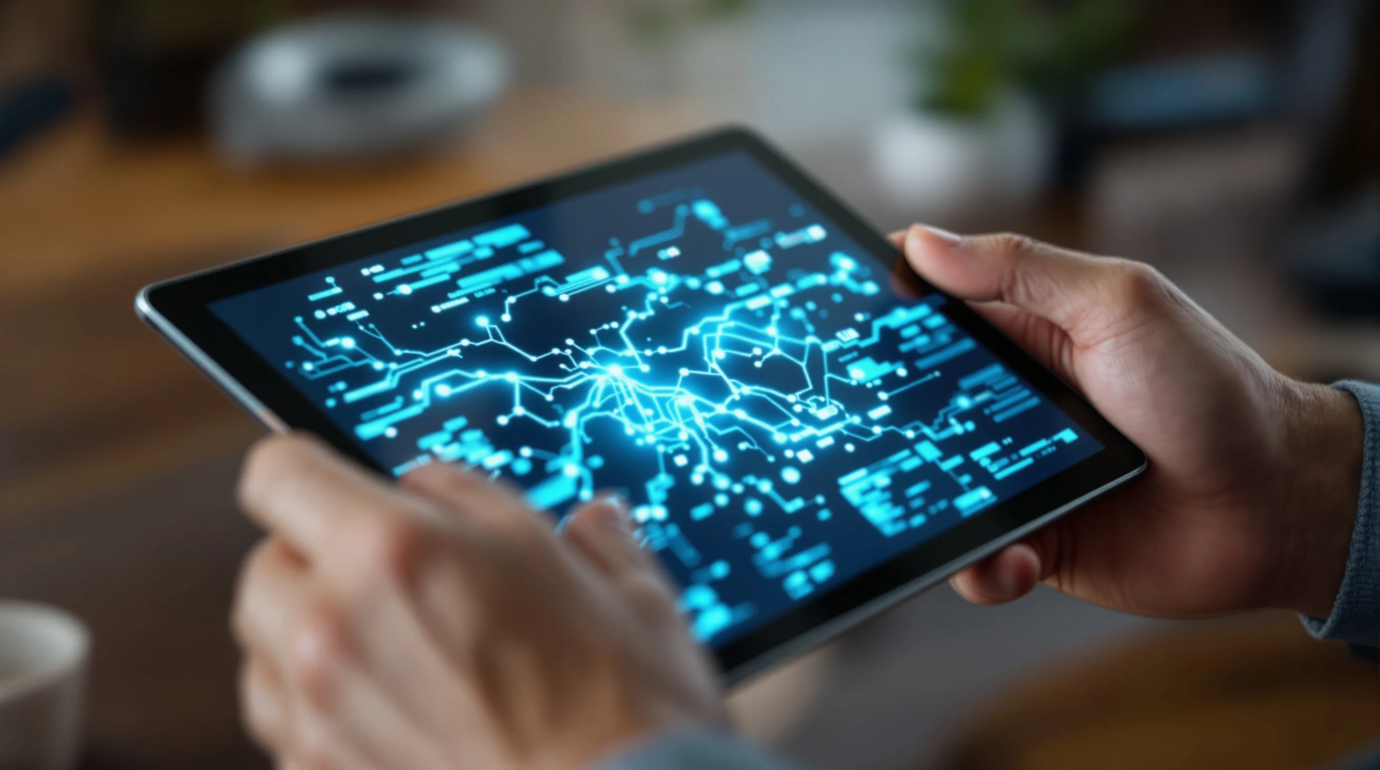Experienced hands thoughtfully positioned over tablet displaying AI data visualizations and neural network patterns