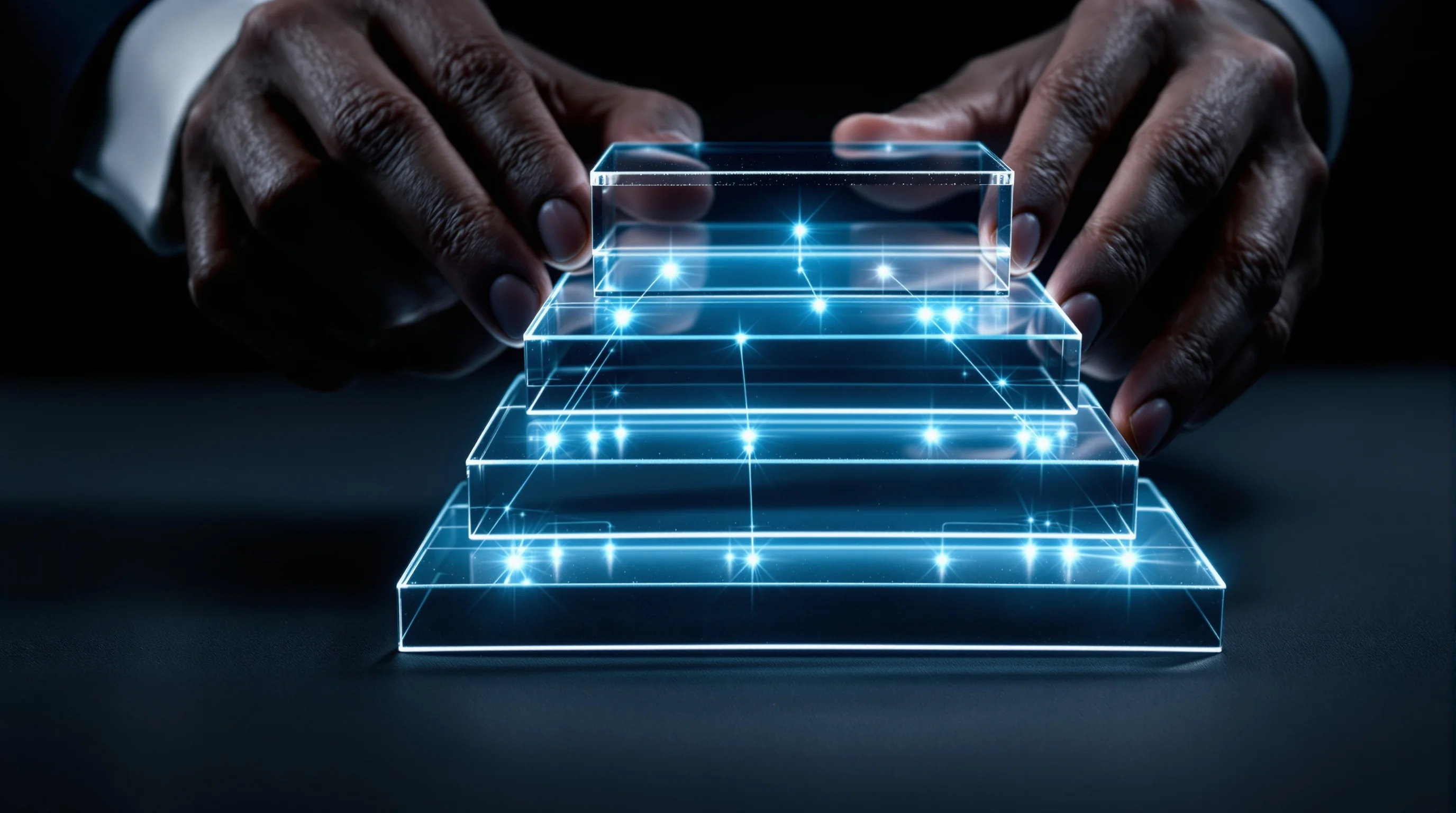 Hands in a suit arranging glowing layered panels into a structured pyramid representing AI governance hierarchy.