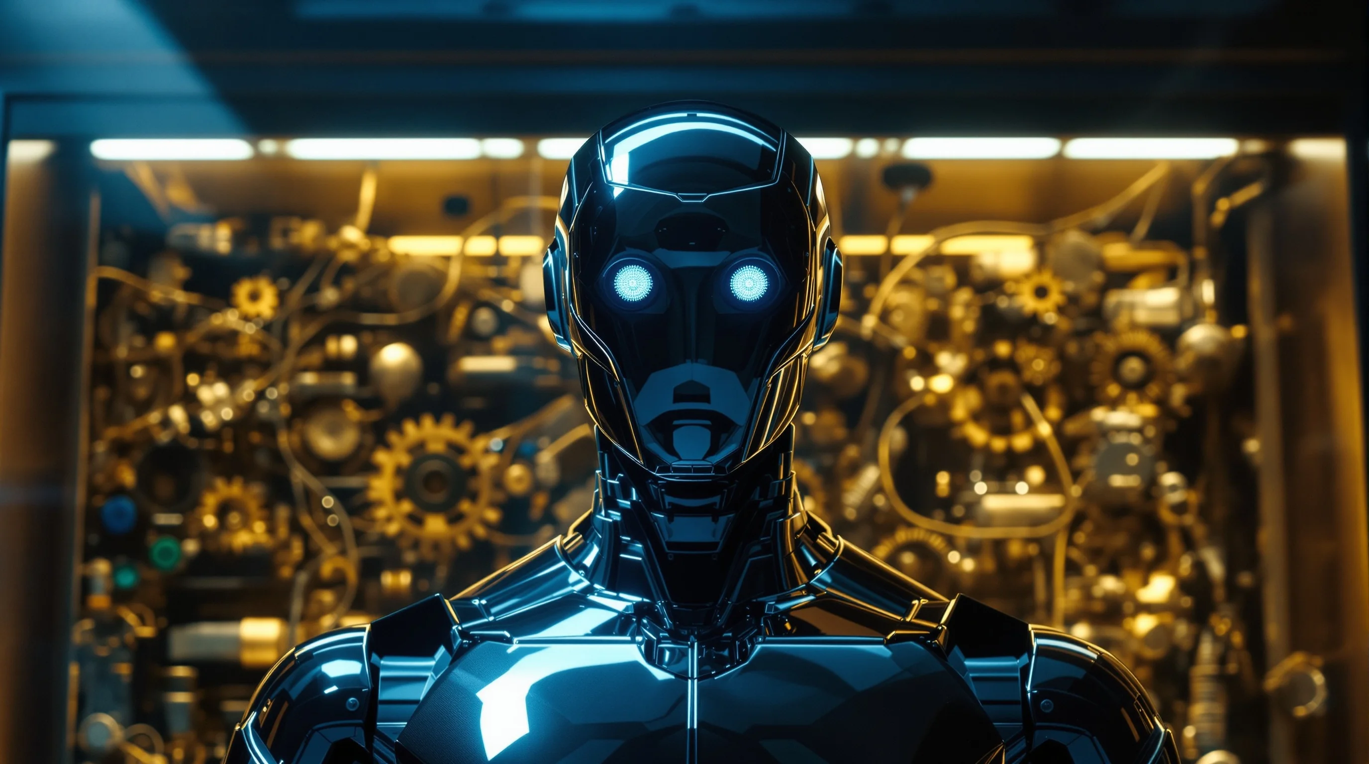 Polished chrome AI robot concealing simple gears and wires behind a glass panel, symbolizing AI washing and lack of transparency.