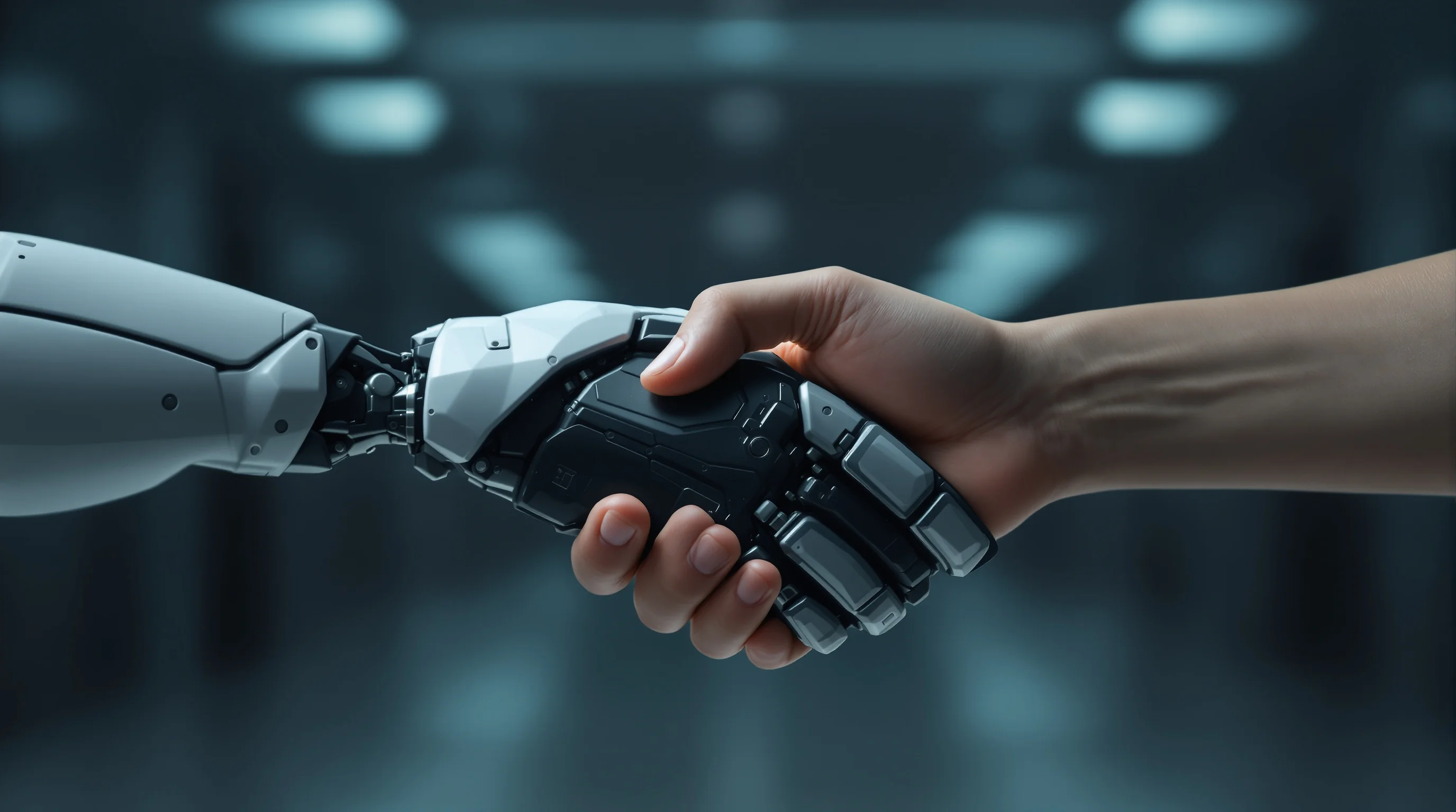 Human hand shaking a robotic mechanical hand against a dark corporate background, symbolizing AI transparency and trust.