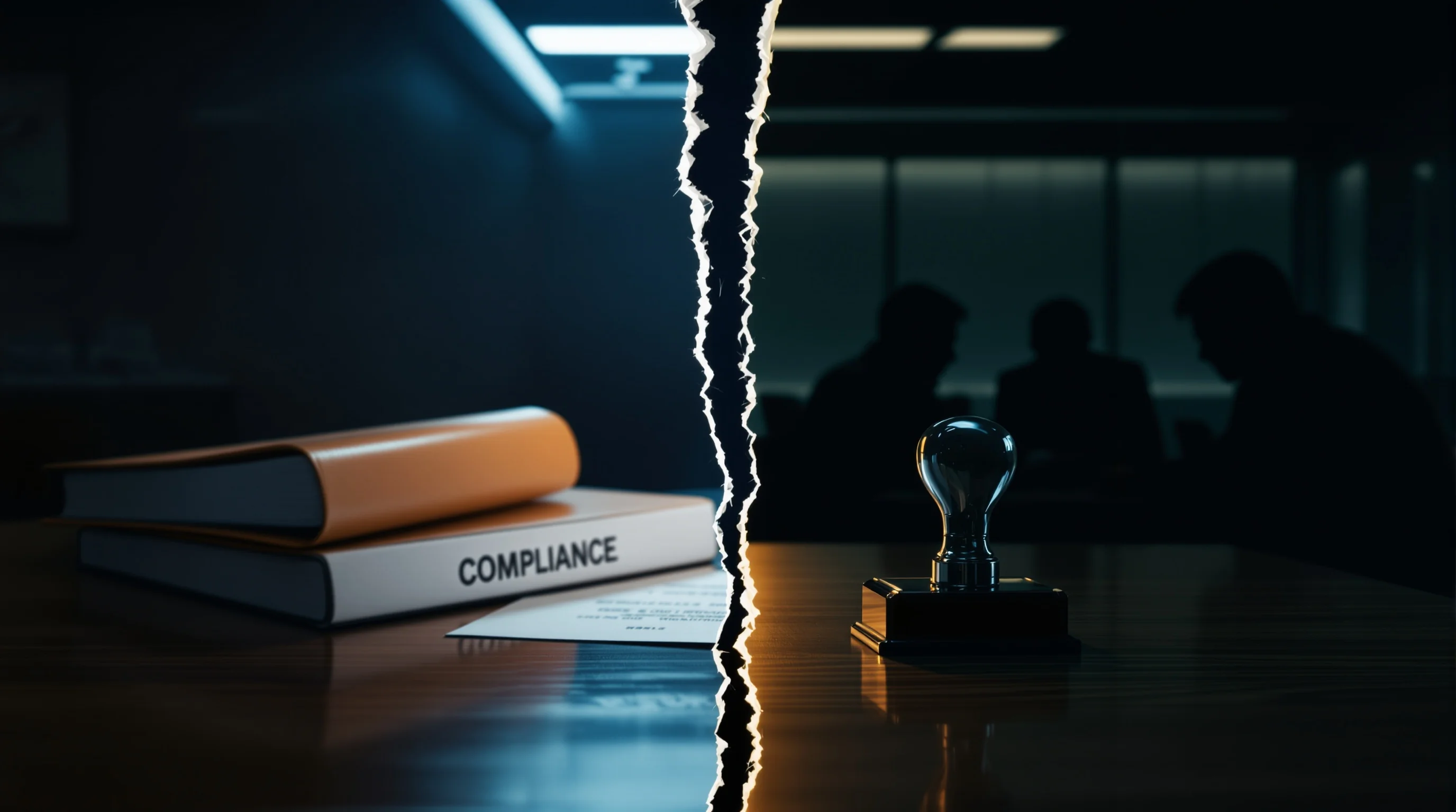 Split scene contrasting a corporate compliance binder with shadowy boardroom figures, symbolizing the gap between rules and true ethics.