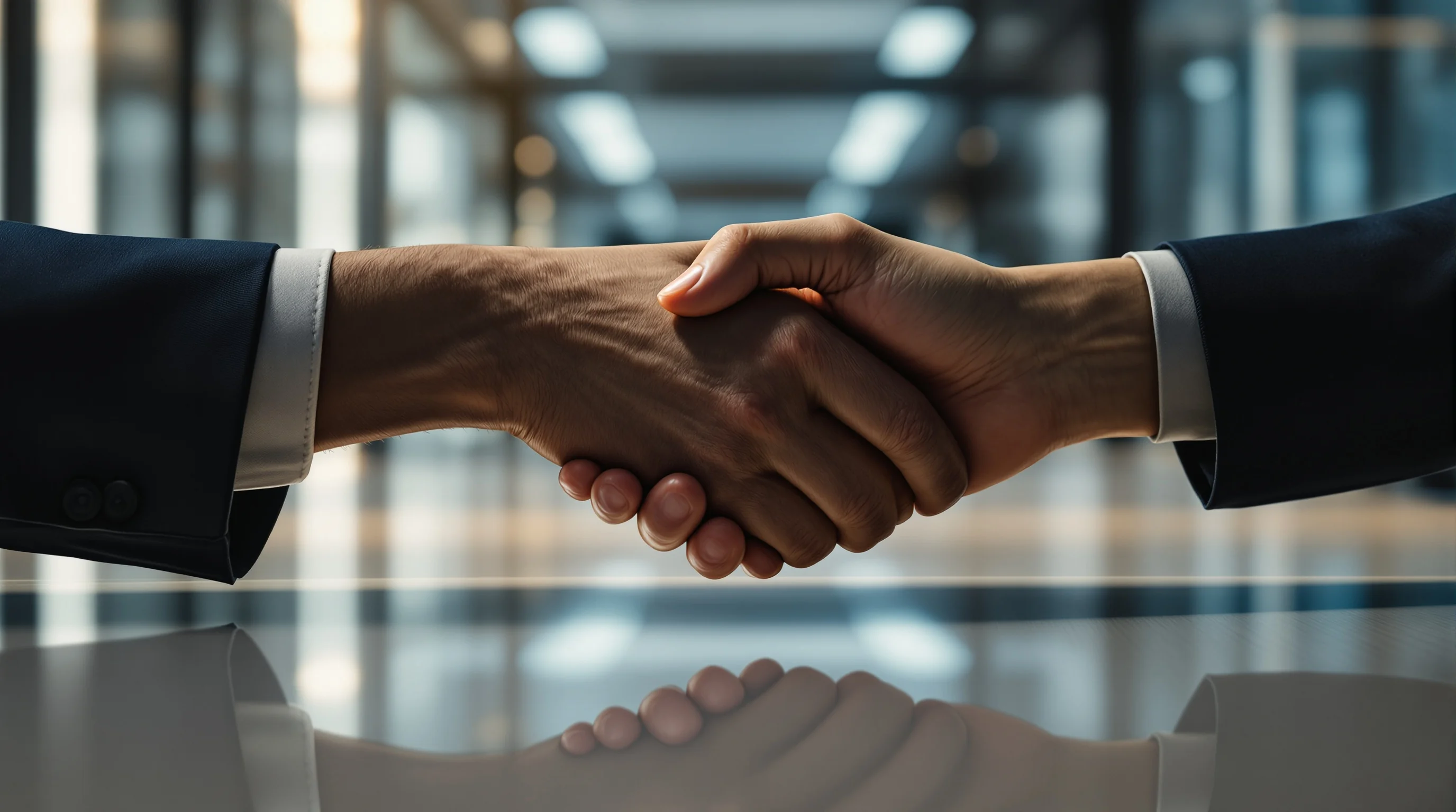 Two hands across a conference table — one open in good faith, one concealing an object — symbolizing business ethics vs. deception.