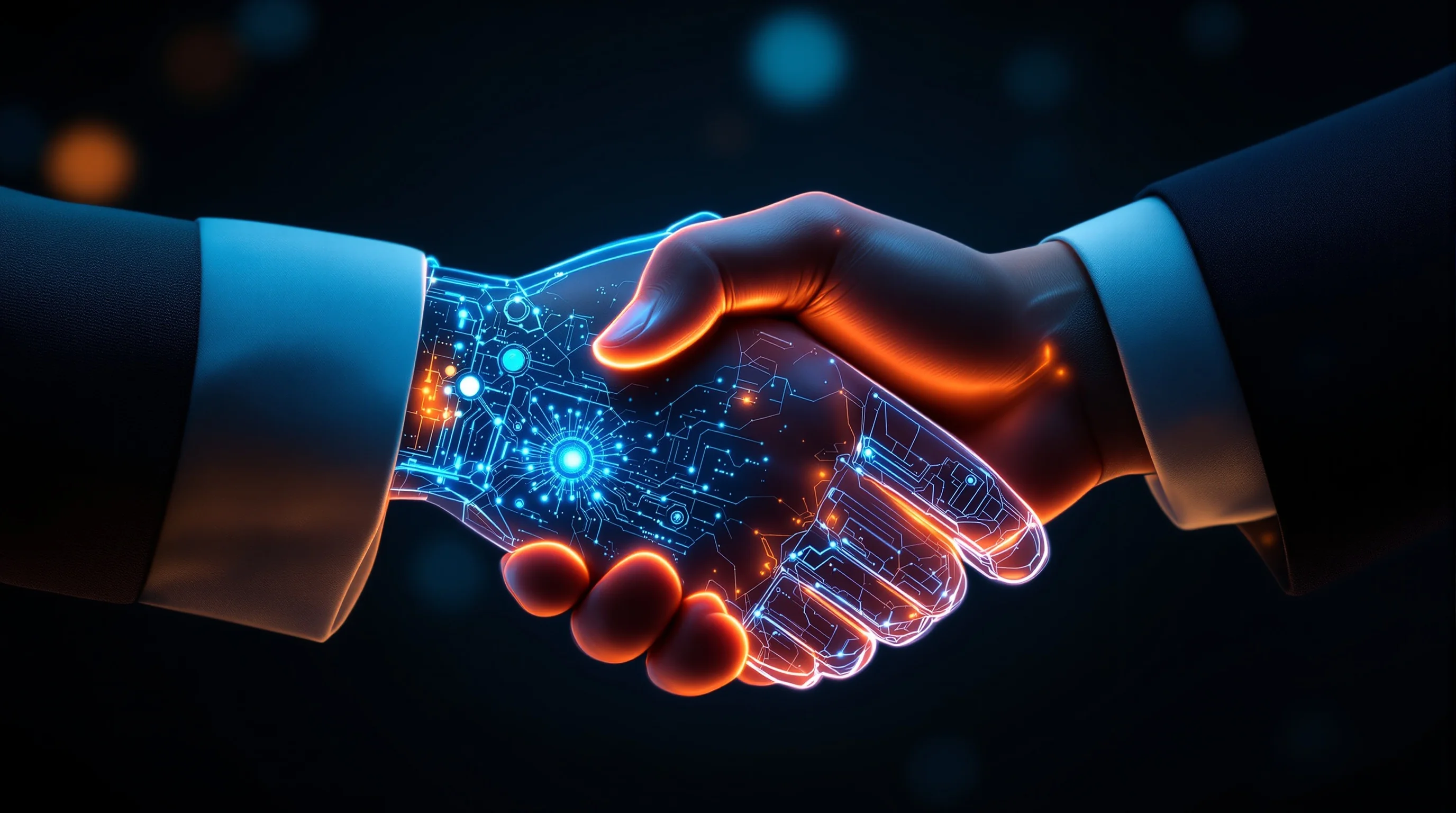 Human and glowing AI robotic hand shake in a dramatic studio shot symbolizing trust in autonomous AI agents