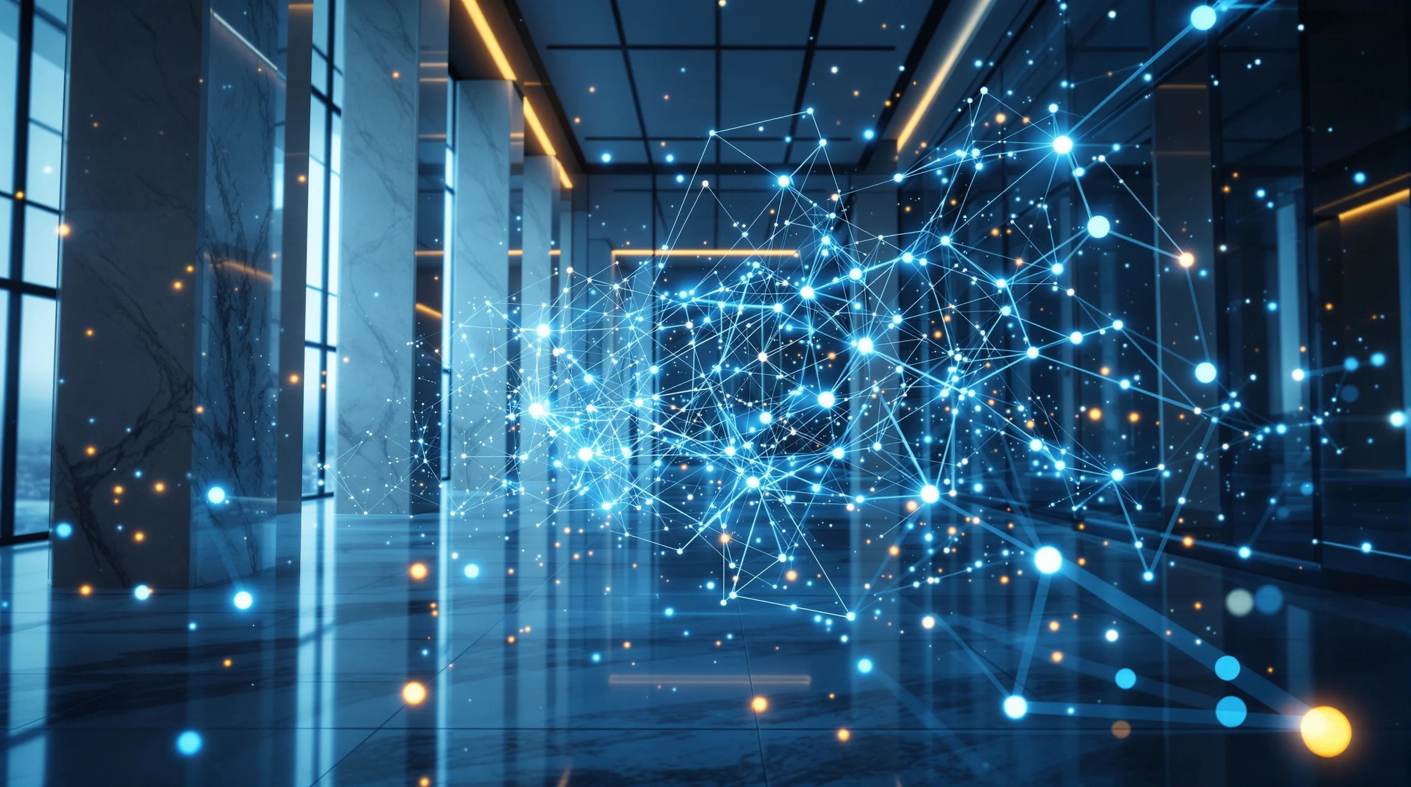 Holographic AI neural network glowing in a marble EU-inspired architectural space, symbolizing AI regulation and innovation.