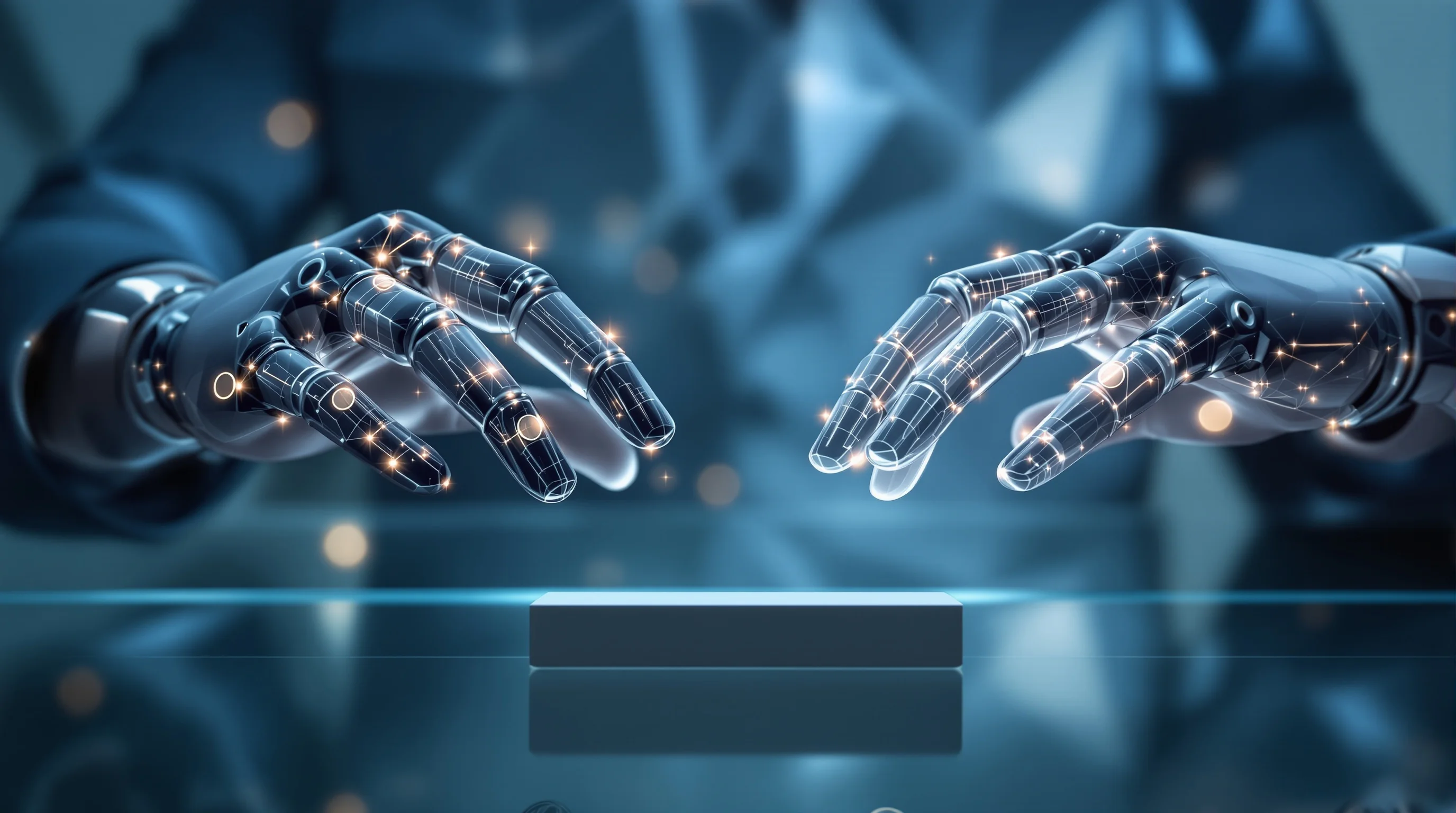 Human and AI robotic hands balanced over glass surface, symbolizing AI regulation risk assessment and governance decision-making.