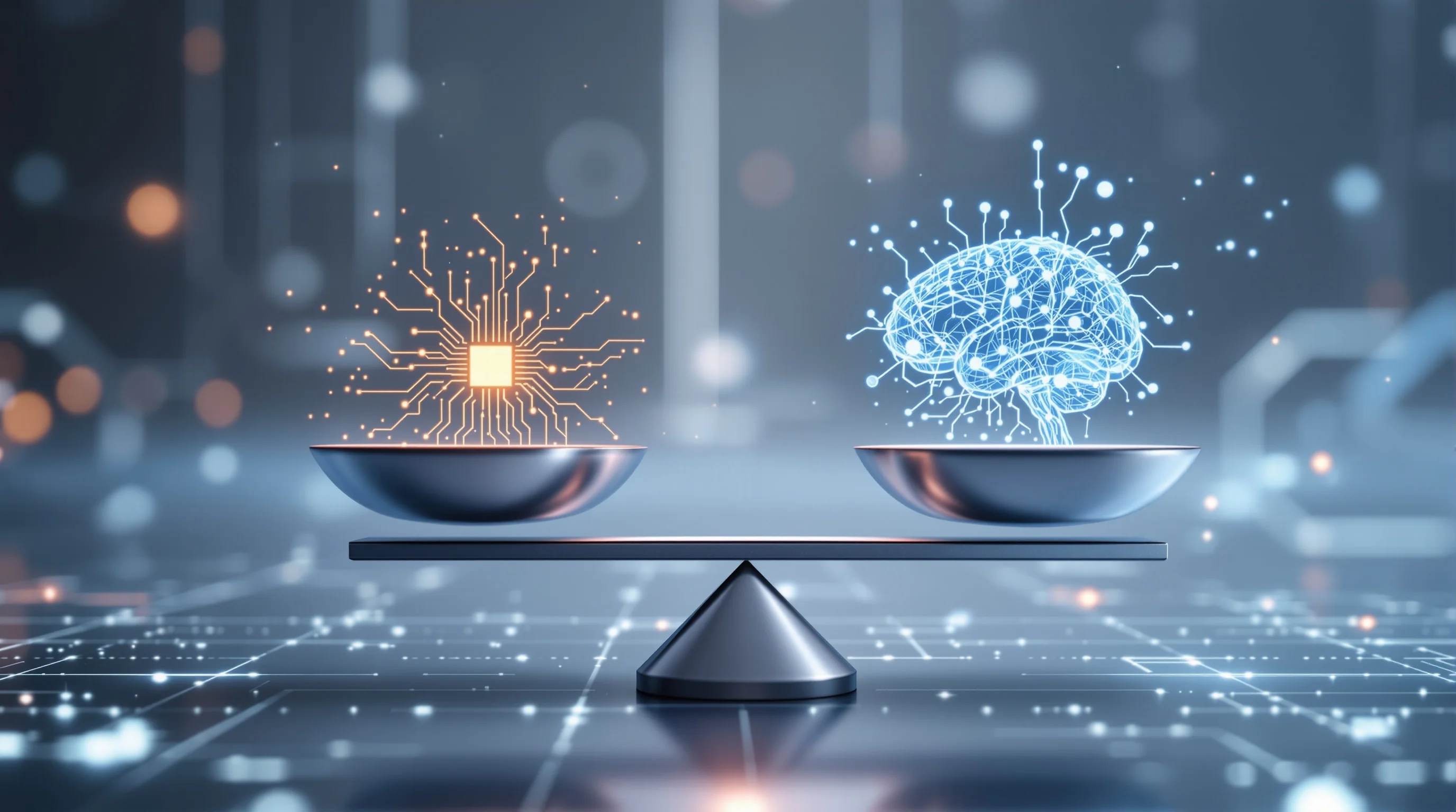 Balanced scales weighing circuit board against human neural connections in digital space, symbolizing AI ethics