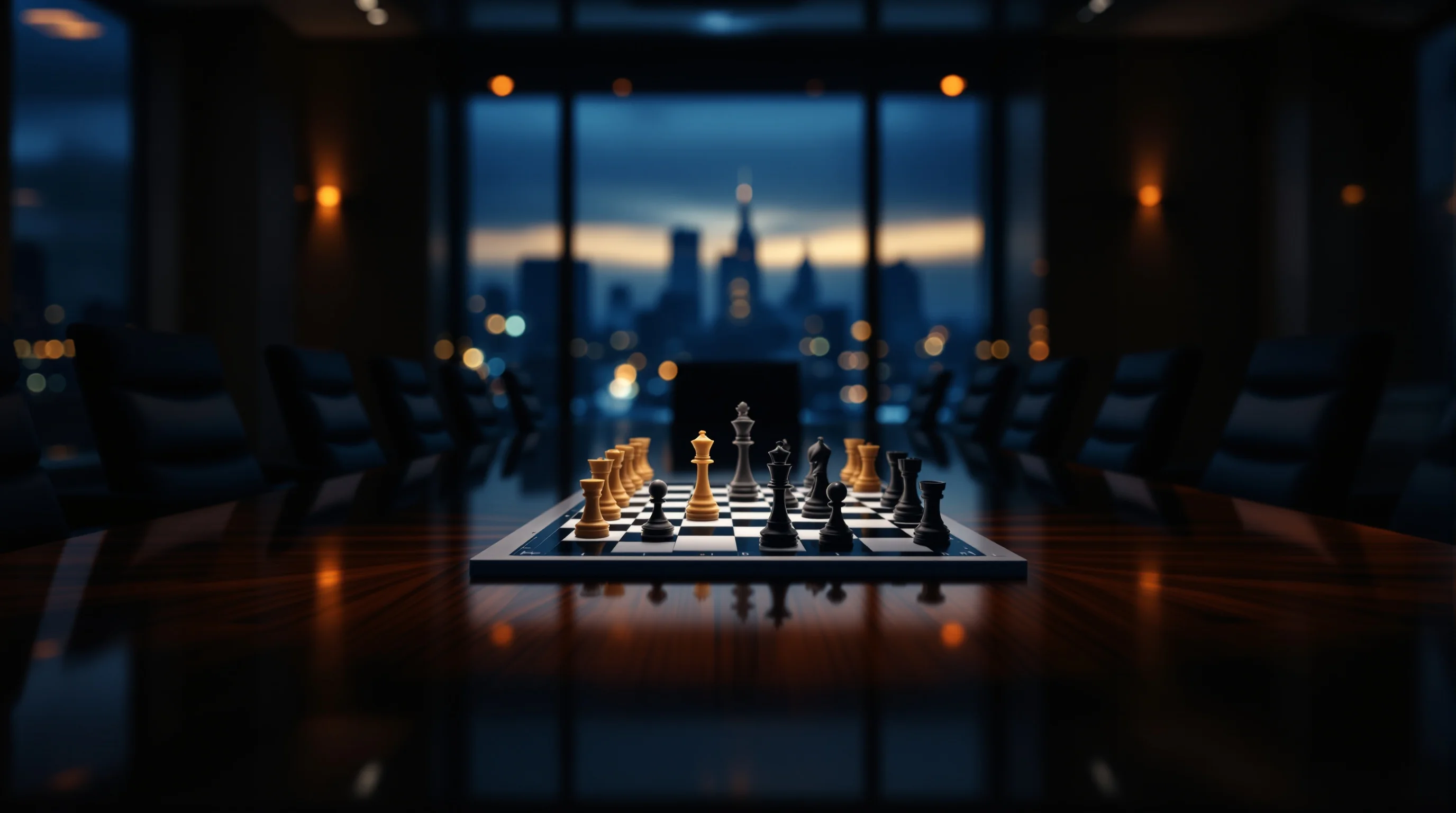 Chess board mid-game on a corporate boardroom table at dusk, symbolizing complex ethical dilemmas in business decisions.