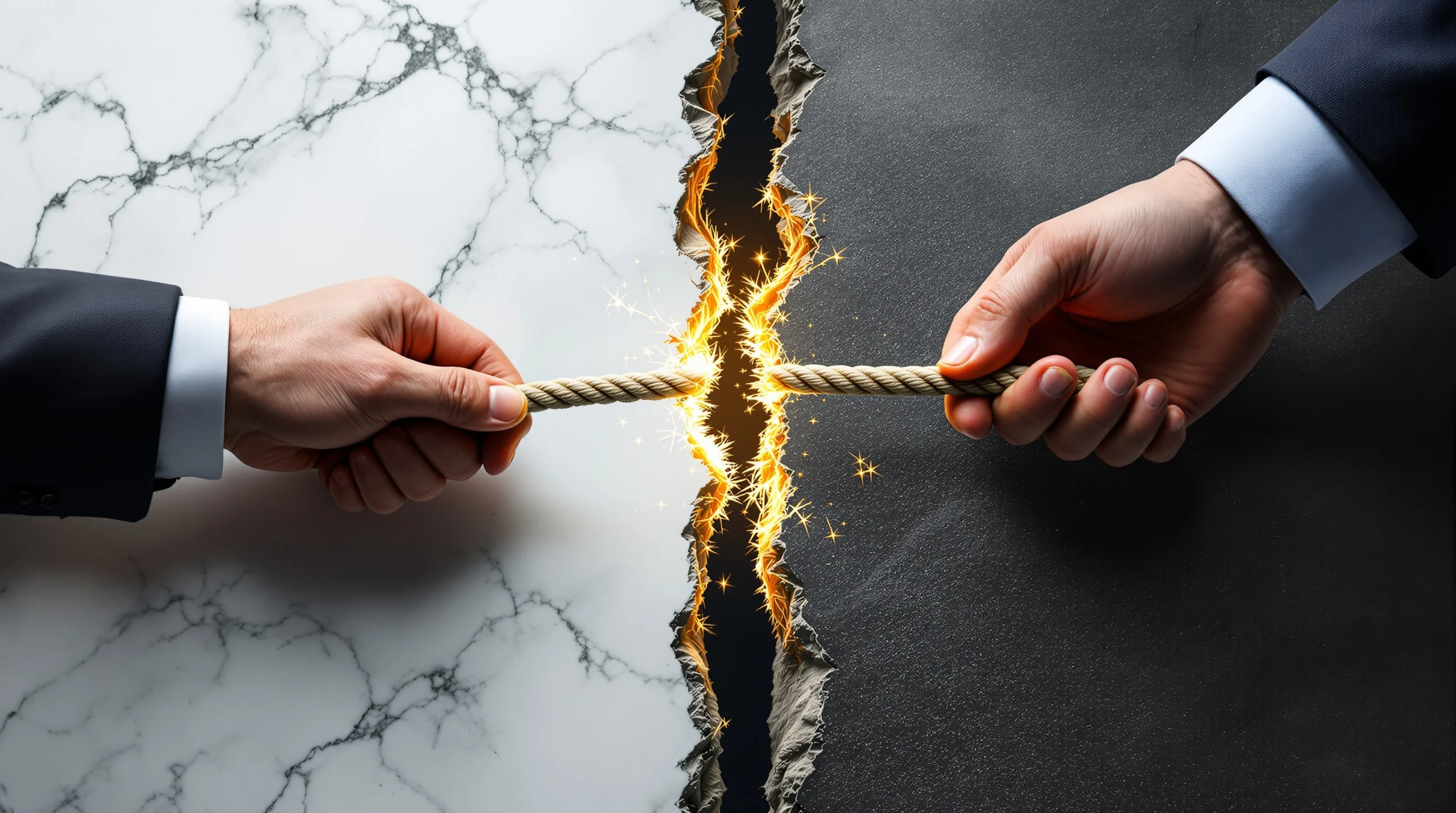 Two hands pulling a fraying rope over split marble and concrete surfaces, symbolizing ethical tension in business decisions.