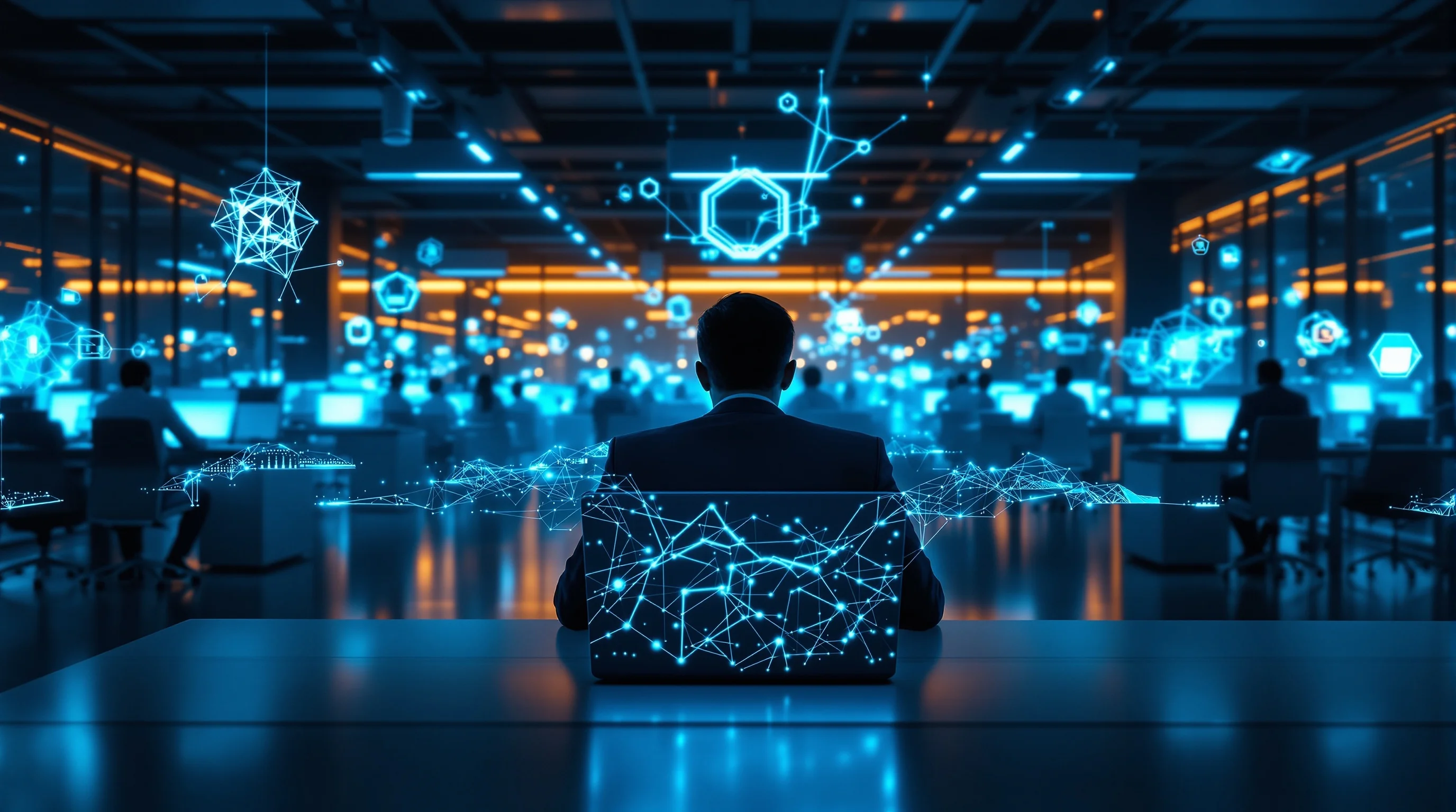 Professional using AI tools alone in a dimly lit office while ghostly coworker silhouettes surround them in blue ambient light.
