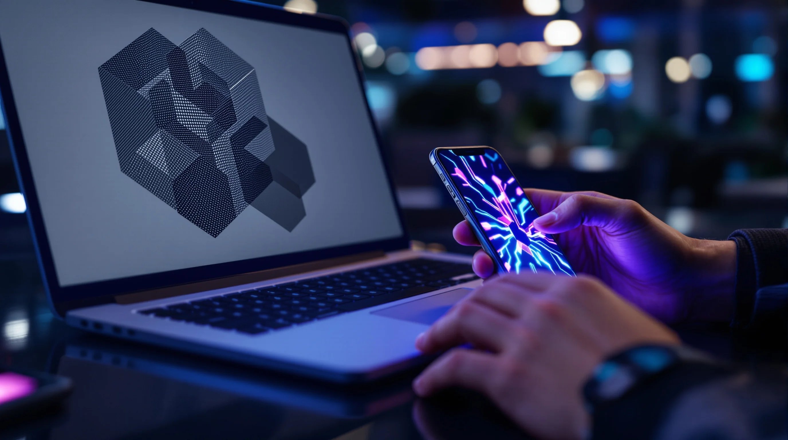 Hands beside a locked corporate laptop and a personal phone glowing with AI visuals, highlighting shadow AI use at work.