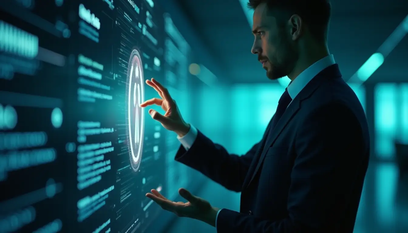 A business leader analyzing a holographic AI interface with a glowing justice scale, symbolizing ethical decision-making.