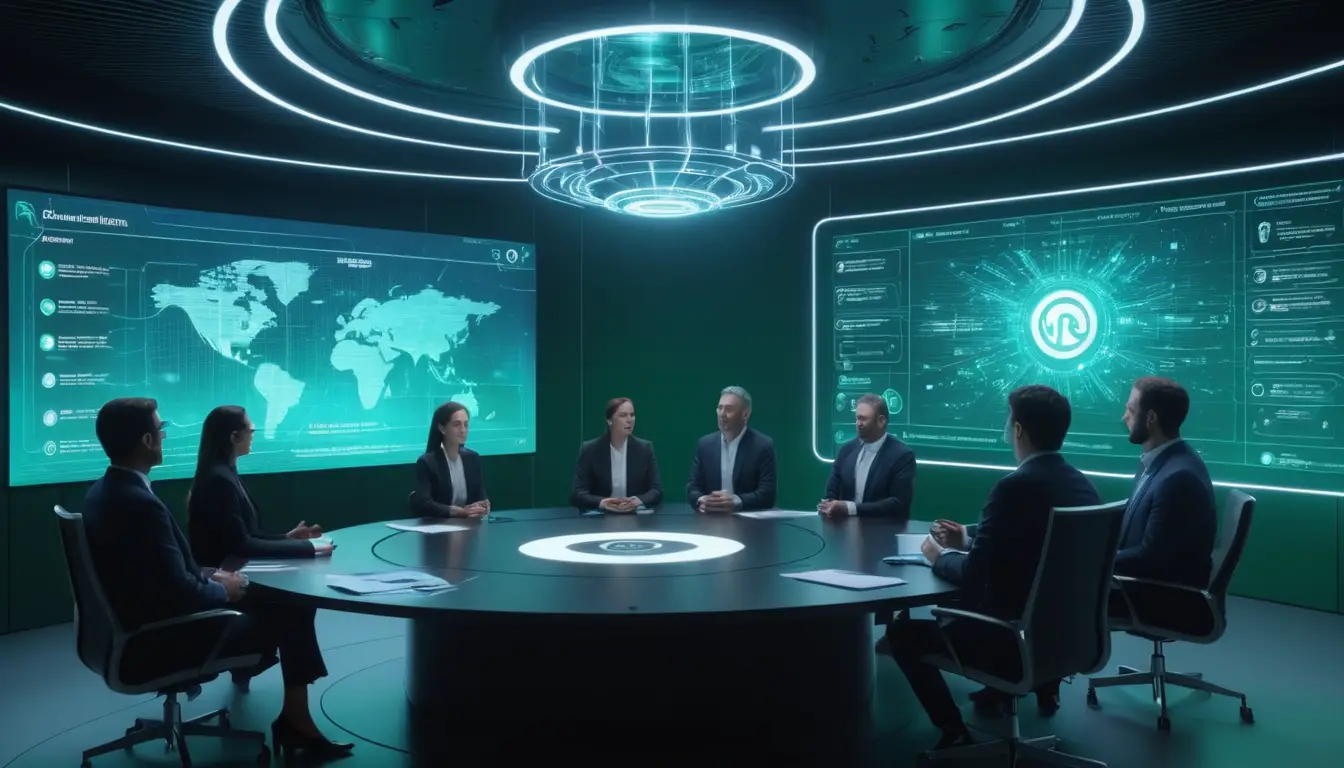 Executives discussing AI ethics with an AI assistant in a futuristic boardroom, symbolizing responsible leadership in AI adoption.