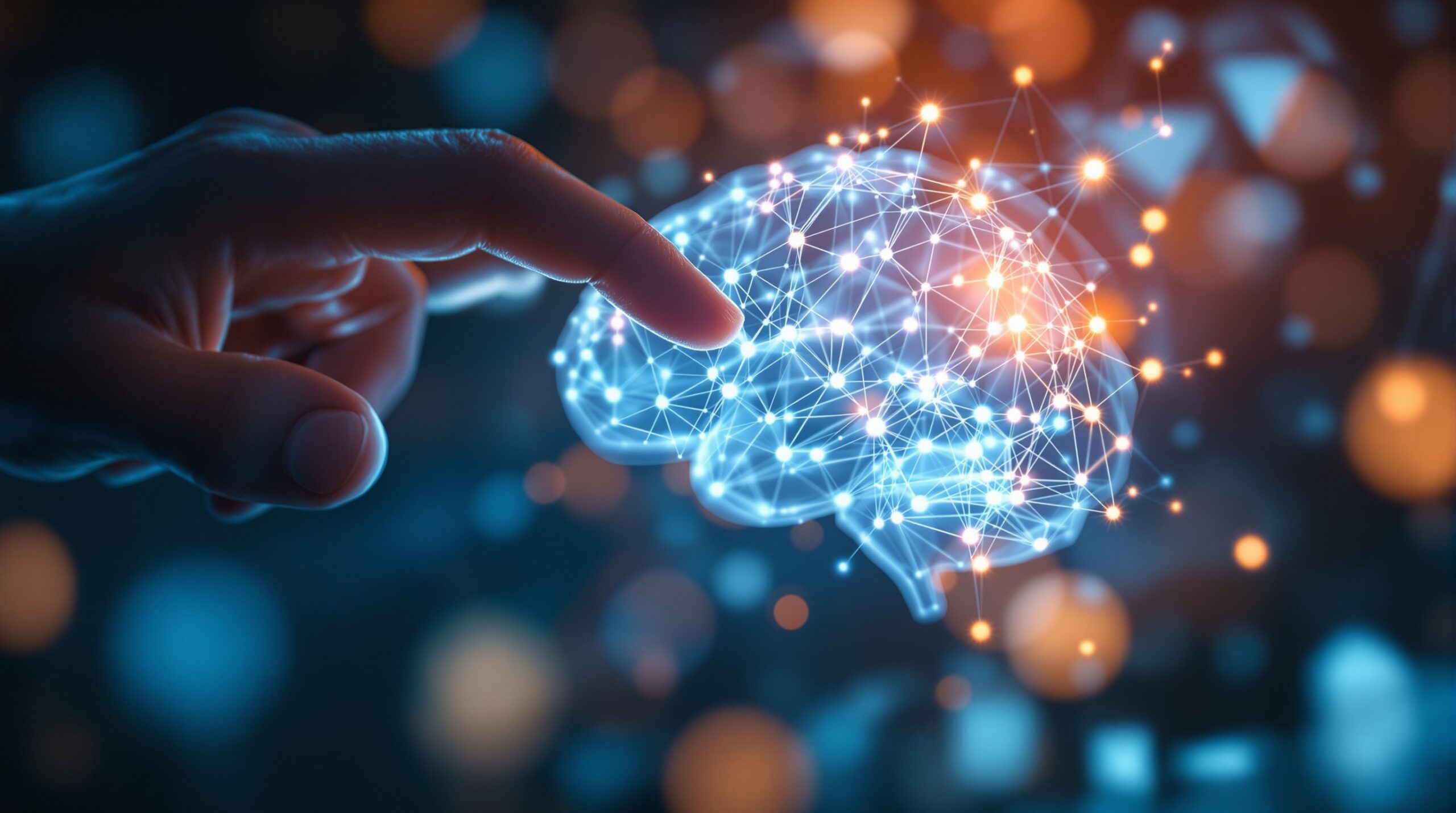Human hand examining translucent AI brain with glowing neural pathways, representing ethical leadership in technology