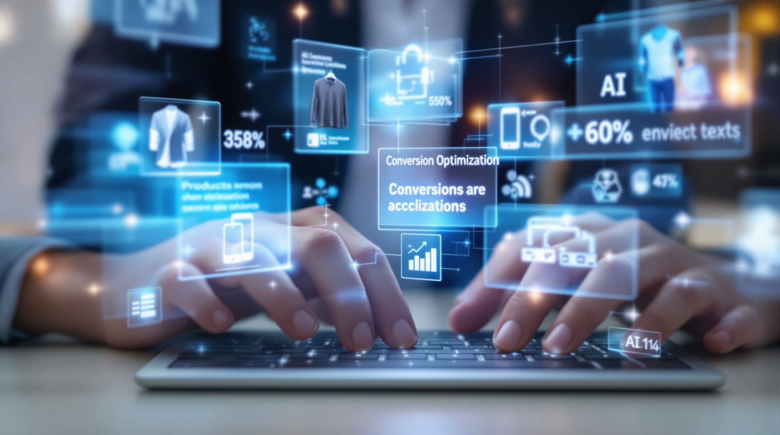 Hands typing on keyboard with AI product descriptions floating above, surrounded by e-commerce items for conversion optimization