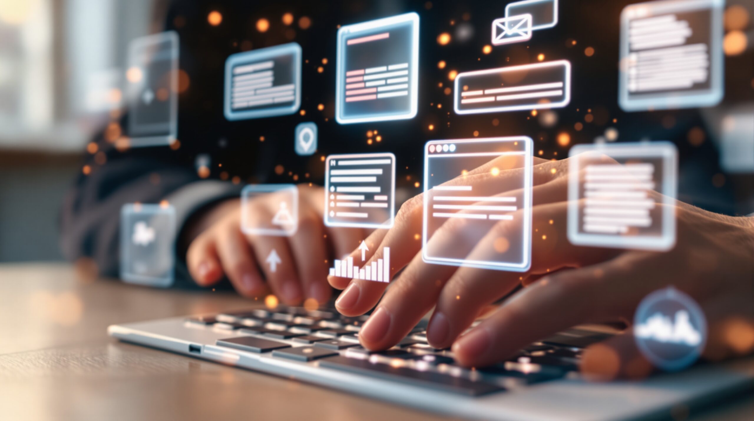 Hands typing on keyboard with holographic content templates floating above, showing AI copywriting generator workflow