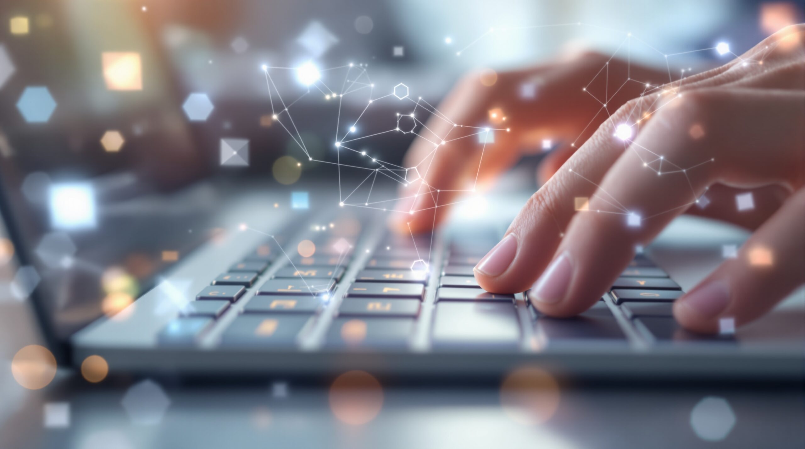Human hands typing on keyboard with AI visualization elements - geometric shapes and data streams representing email copywriter assistance