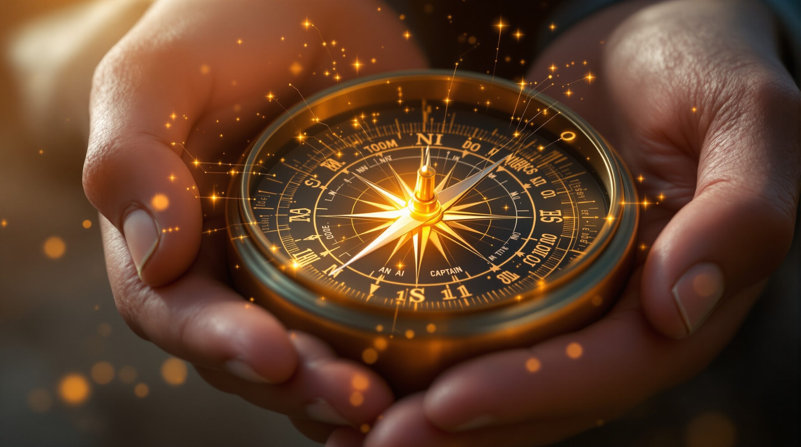 Hands holding a traditional compass with digital circuit patterns, symbolizing AI prompting as guidance tool for leaders