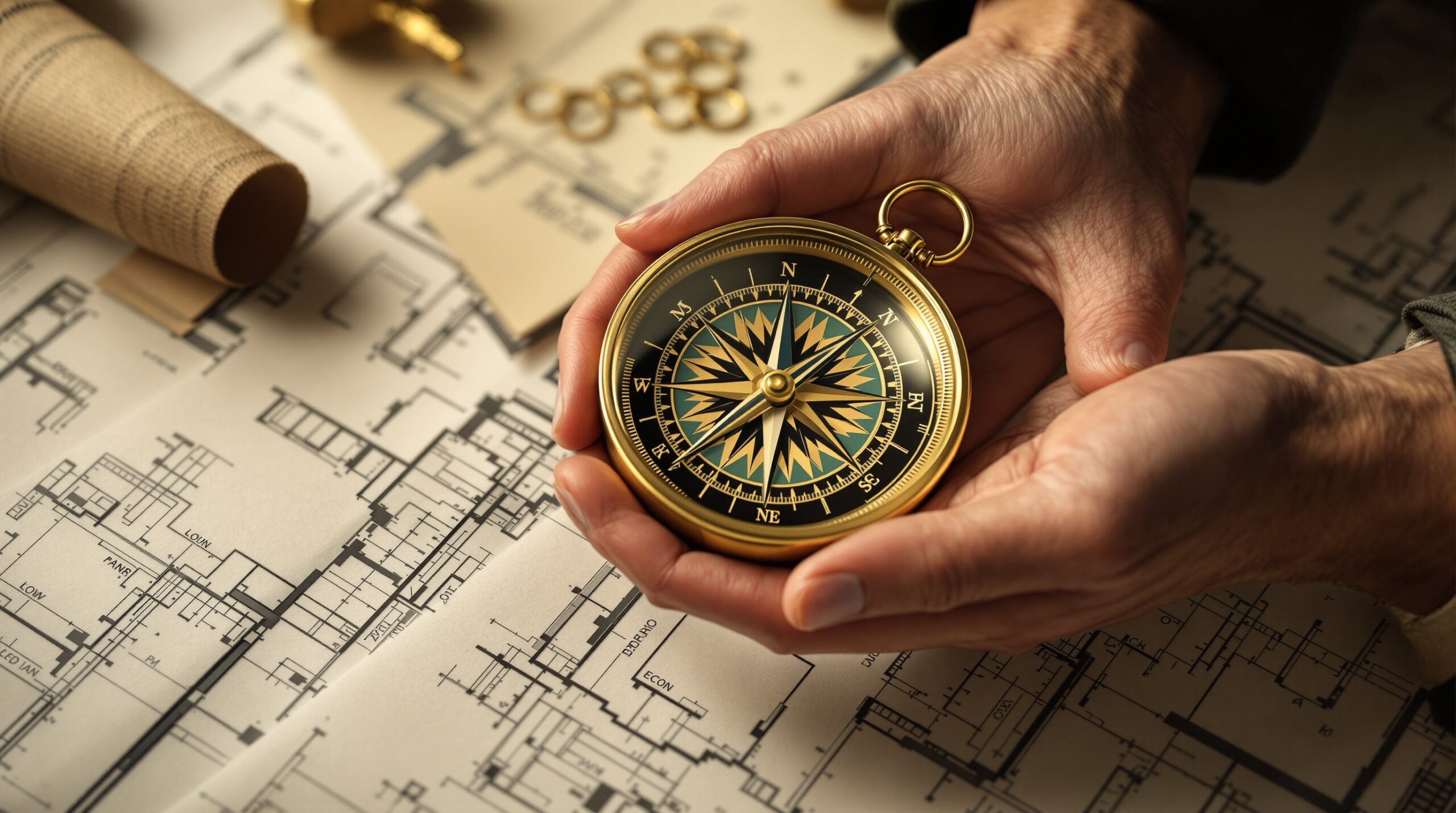 Hands holding brass compass over architectural blueprints, symbolizing moral direction and ethical guidance