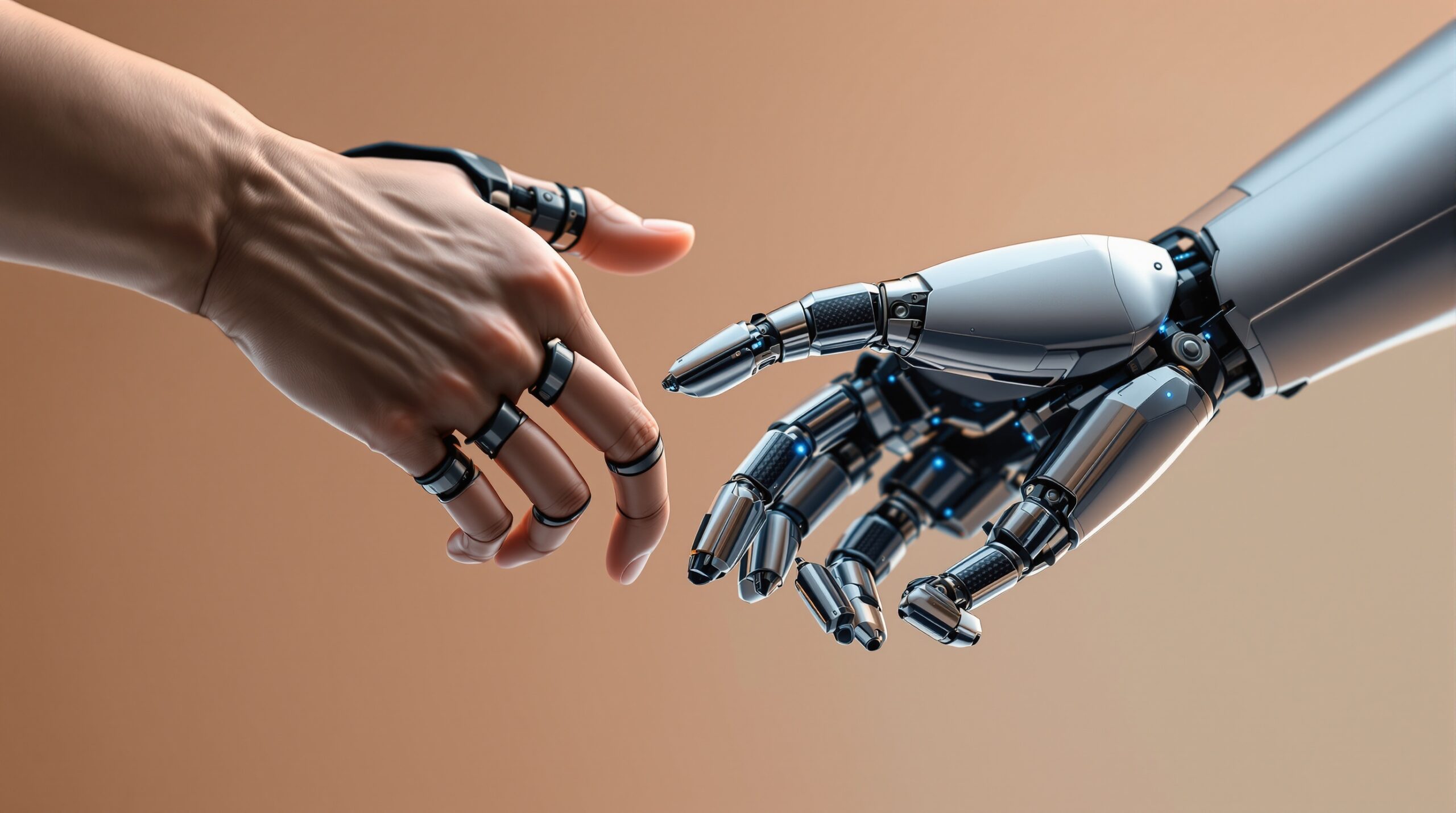 Human and robotic hands reaching toward each other in collaborative gesture, symbolizing AI leadership and human oversight