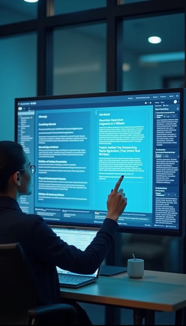 A content creator reviewing AI-generated text with fact-checking and plagiarism detection tools in use.