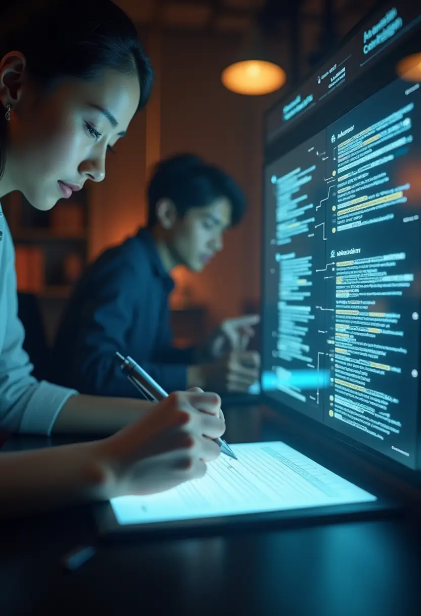 A content creator collaborating with an AI-powered writing assistant, illustrating the balance between human creativity and AI efficiency