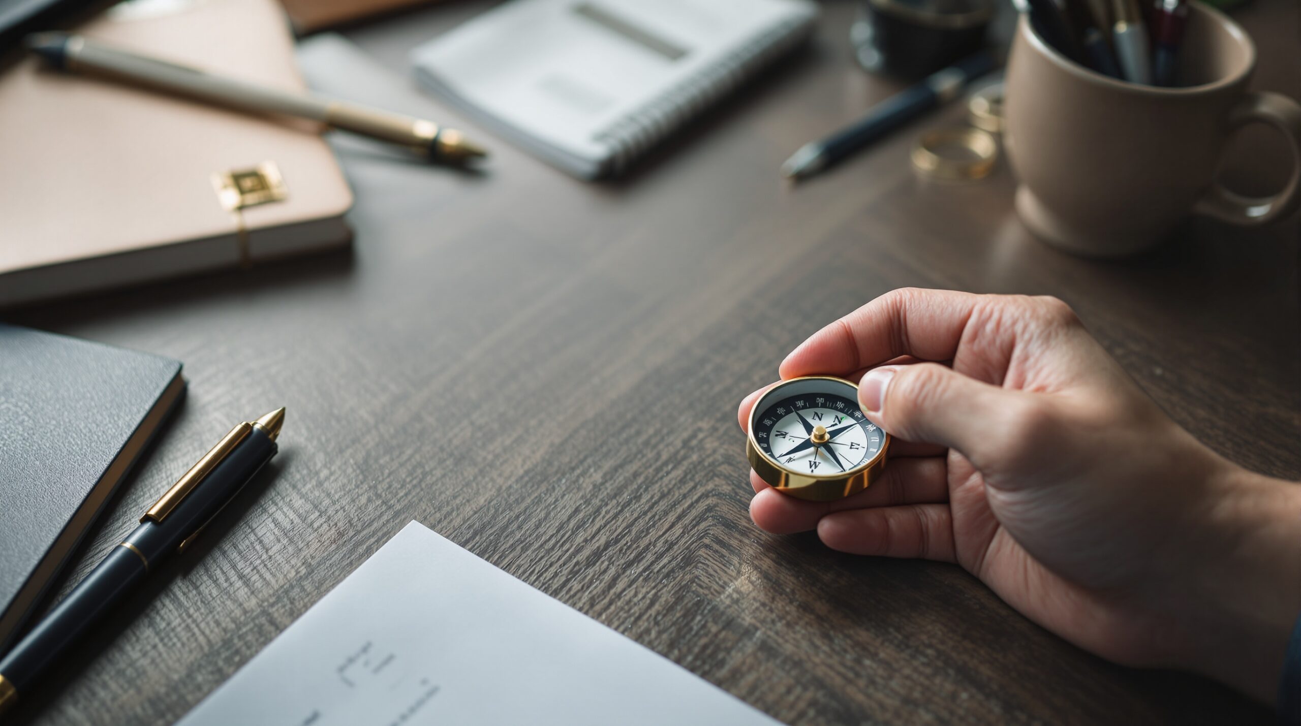 Hands holding compass on wooden desk with business materials, symbolizing ethical leadership guidance and moral direction