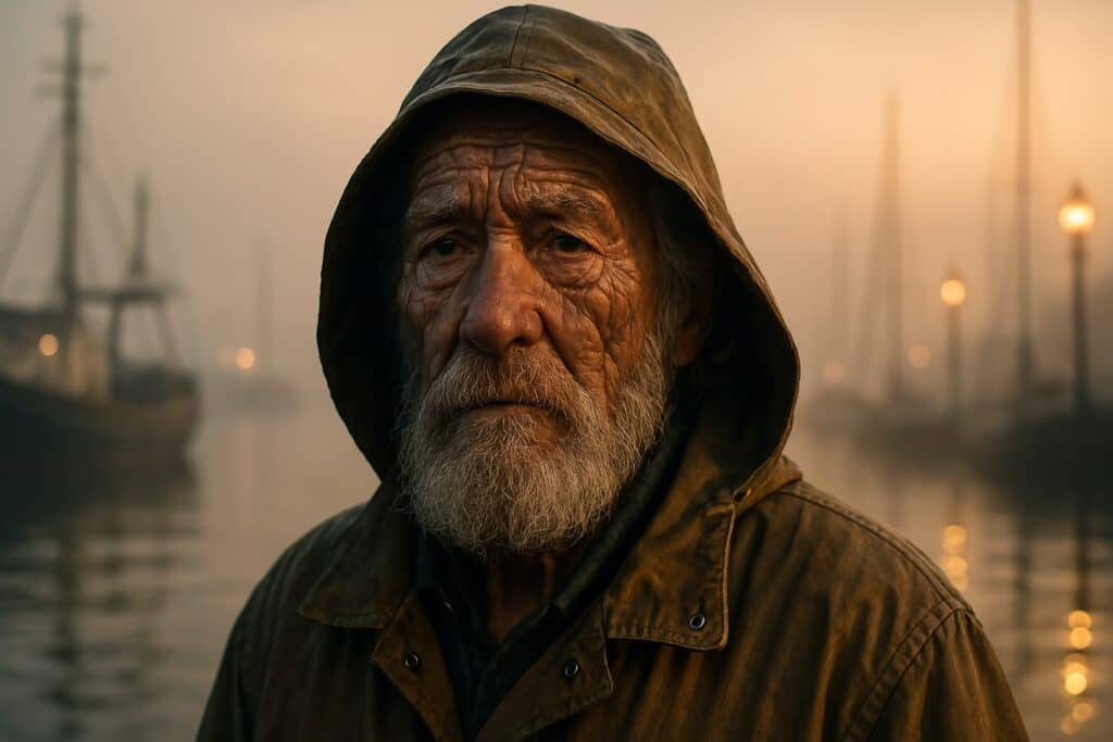 A high-resolution, hyperrealistic portrait of an elderly fisherman with a deeply weathered face and long gray beard, standing in a foggy harbor at dawn. The soft, golden light of the rising sun casts dramatic shadows across his face, highlighting deep wrinkles and a contemplative expression. In the misty background, fishing boats float gently on calm waters.