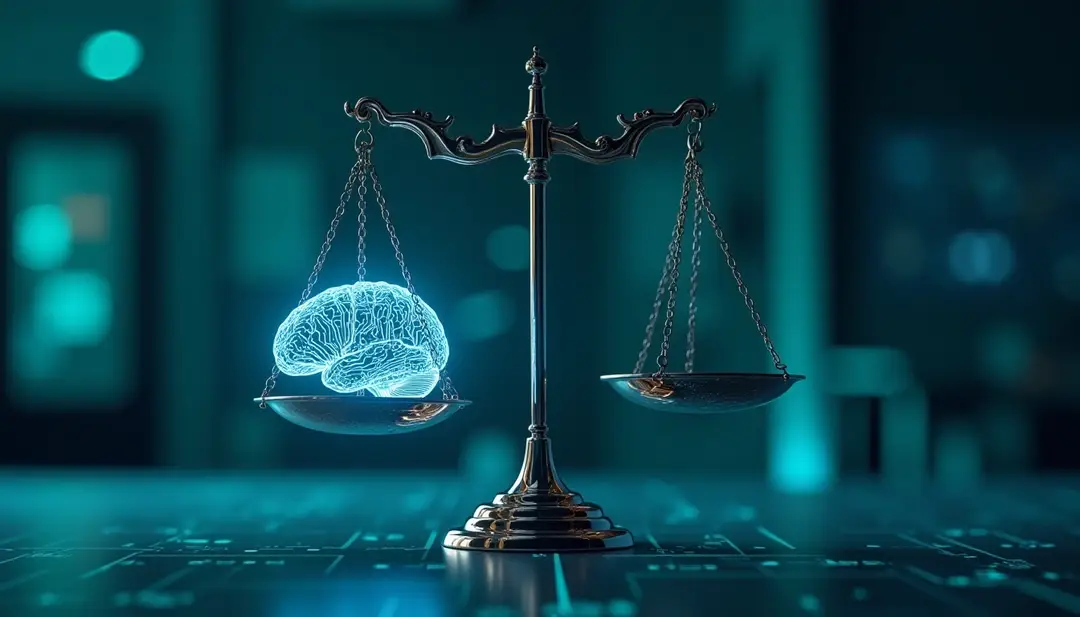 A futuristic balance scale with a glowing digital brain on one side, symbolizing the ethical considerations of artificial intelligence.