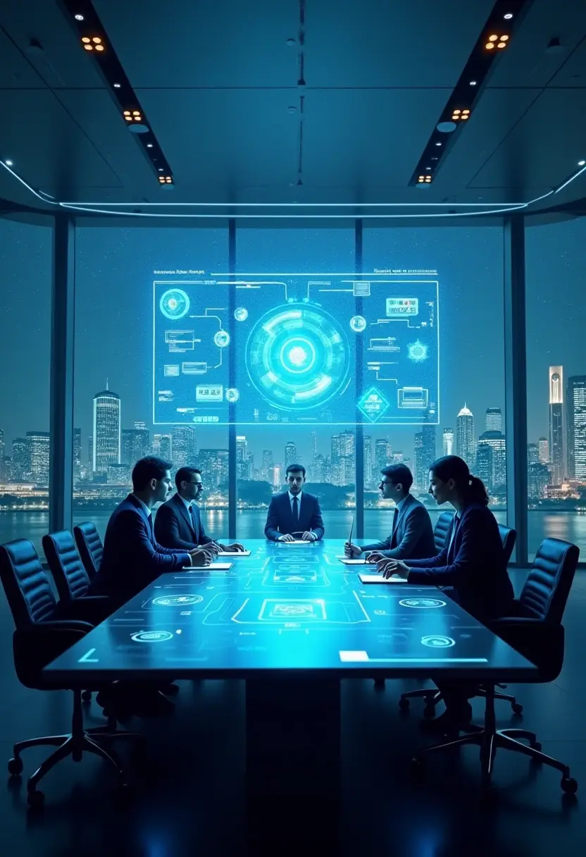 Business executives in a high-tech boardroom discussing AI governance, with a futuristic digital interface displaying ethical AI strategies.