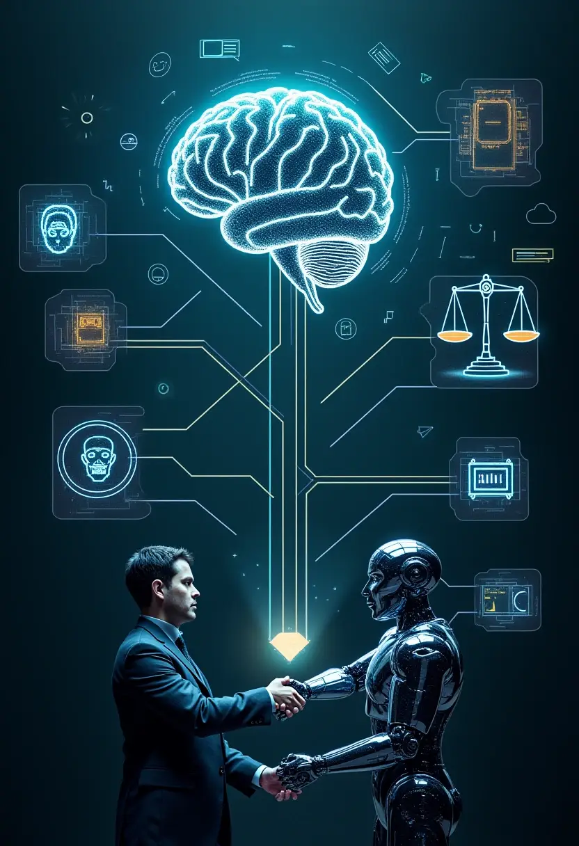 A businessman shaking hands with a humanoid AI, connected to a glowing neural network and digital justice scale, symbolizing ethical challenges in artificial intelligence.