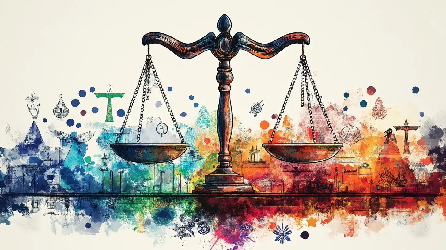 A balanced scale symbolizing justice, set against a backdrop of diverse cultural symbols, representing the universal nature of ethical principles