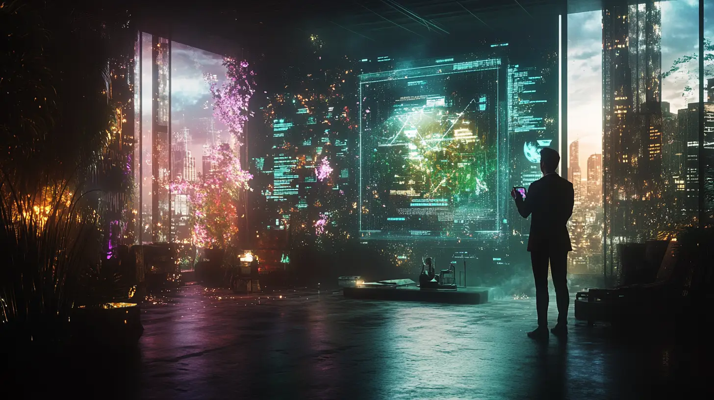 A business leader analyzing a holographic AI ethics interface, featuring a digital balance scale symbolizing responsible decision-making.