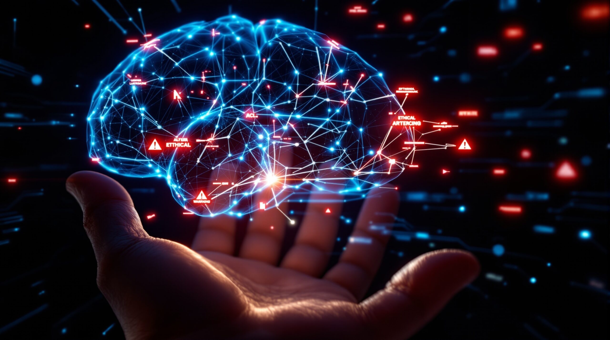Human hand reaching toward glowing digital brain with red warning indicators showing broken AI connections