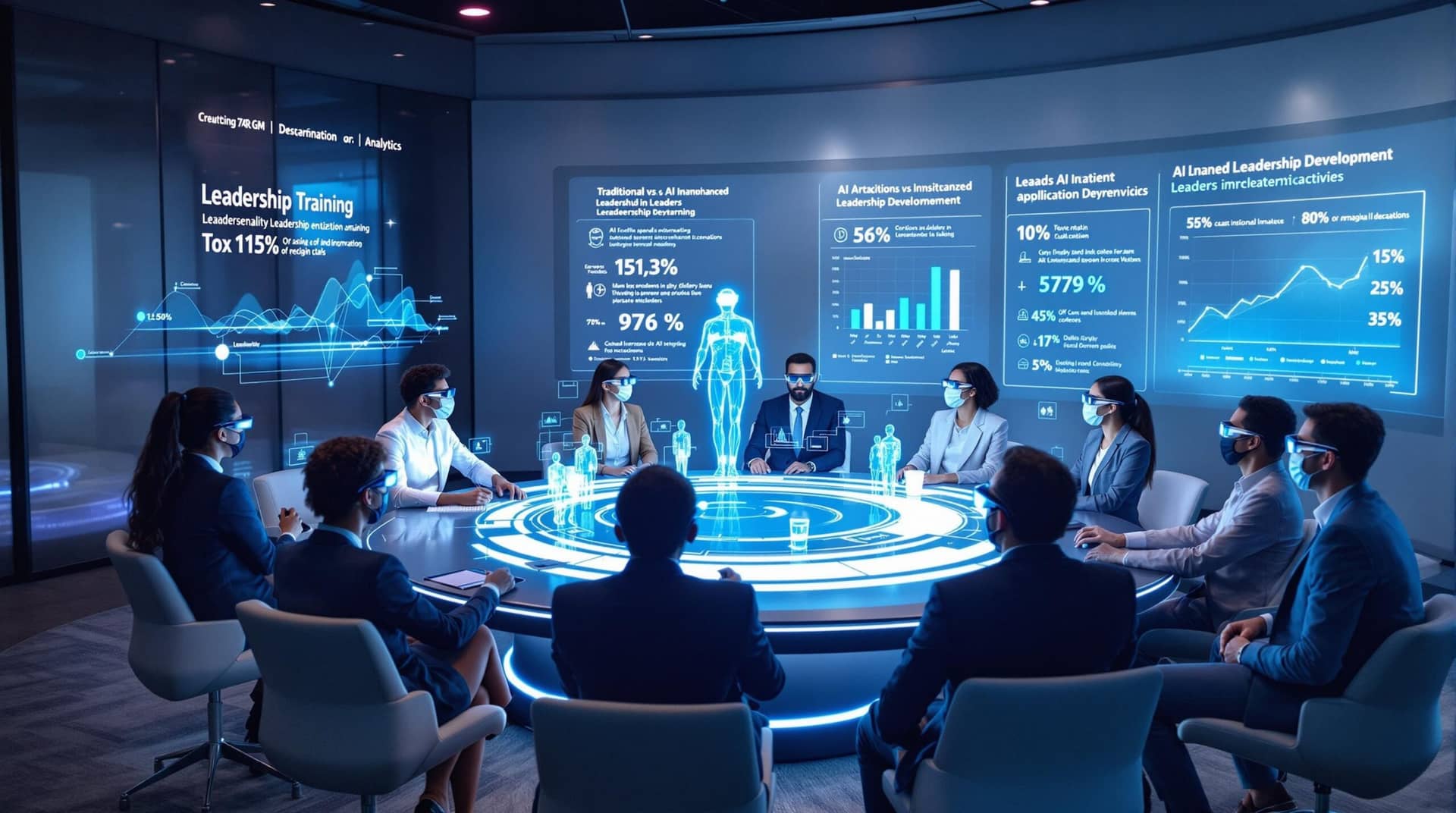  Diverse future leaders collaborate in a high-tech training room featuring holographic displays, AR glasses, and AI coaching tools that visualize leadership development metrics. 