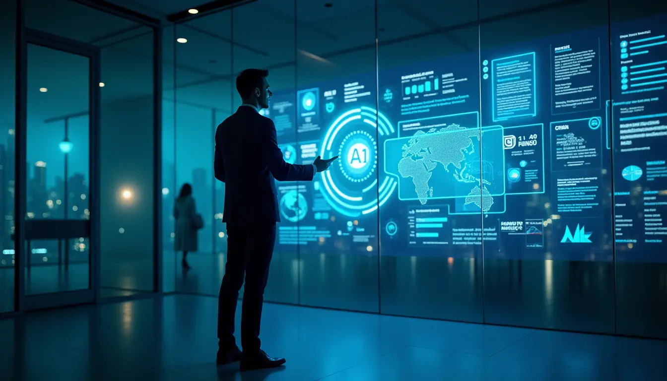 A business leader interacting with AI-powered holographic data displays, symbolizing the intersection of AI and leadership in corporate decision-making.