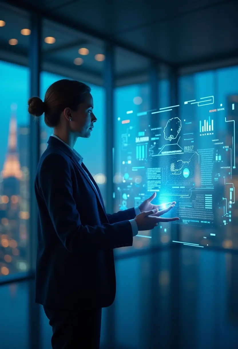 A corporate leader interacting with a holographic AI advisor, symbolizing the role of AI in modern leadership and decision-making.