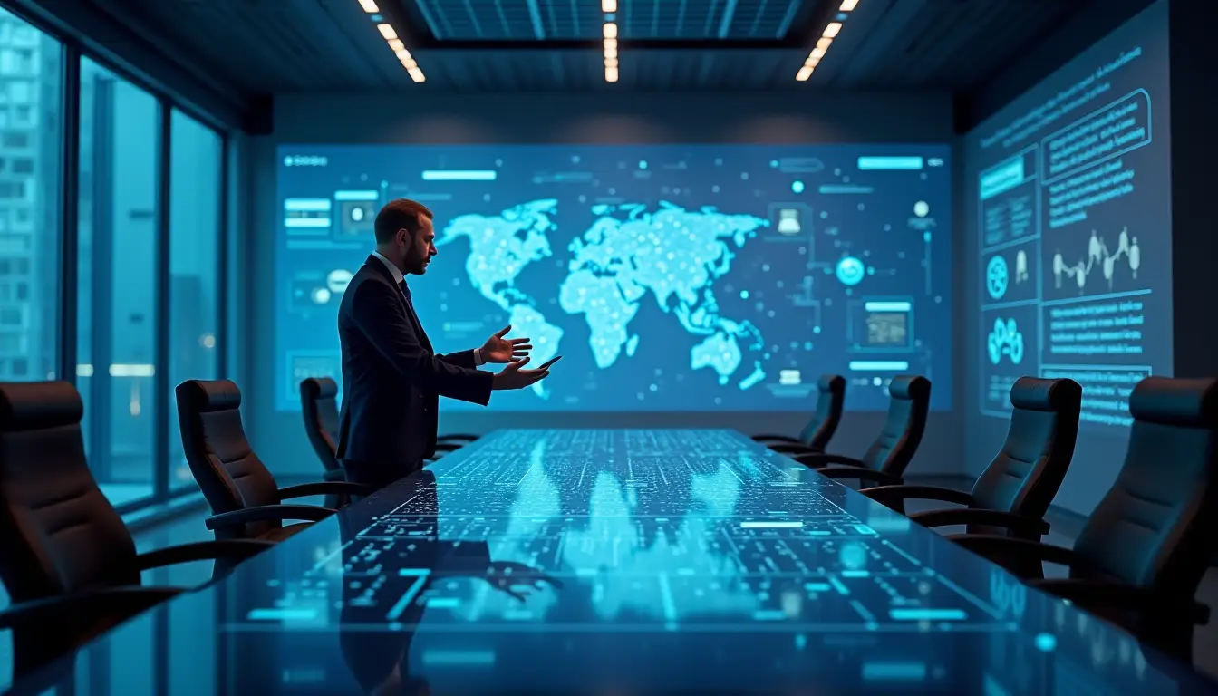 A business leader interacting with a holographic AI strategy interface, analyzing ethical AI policies and leadership insights.