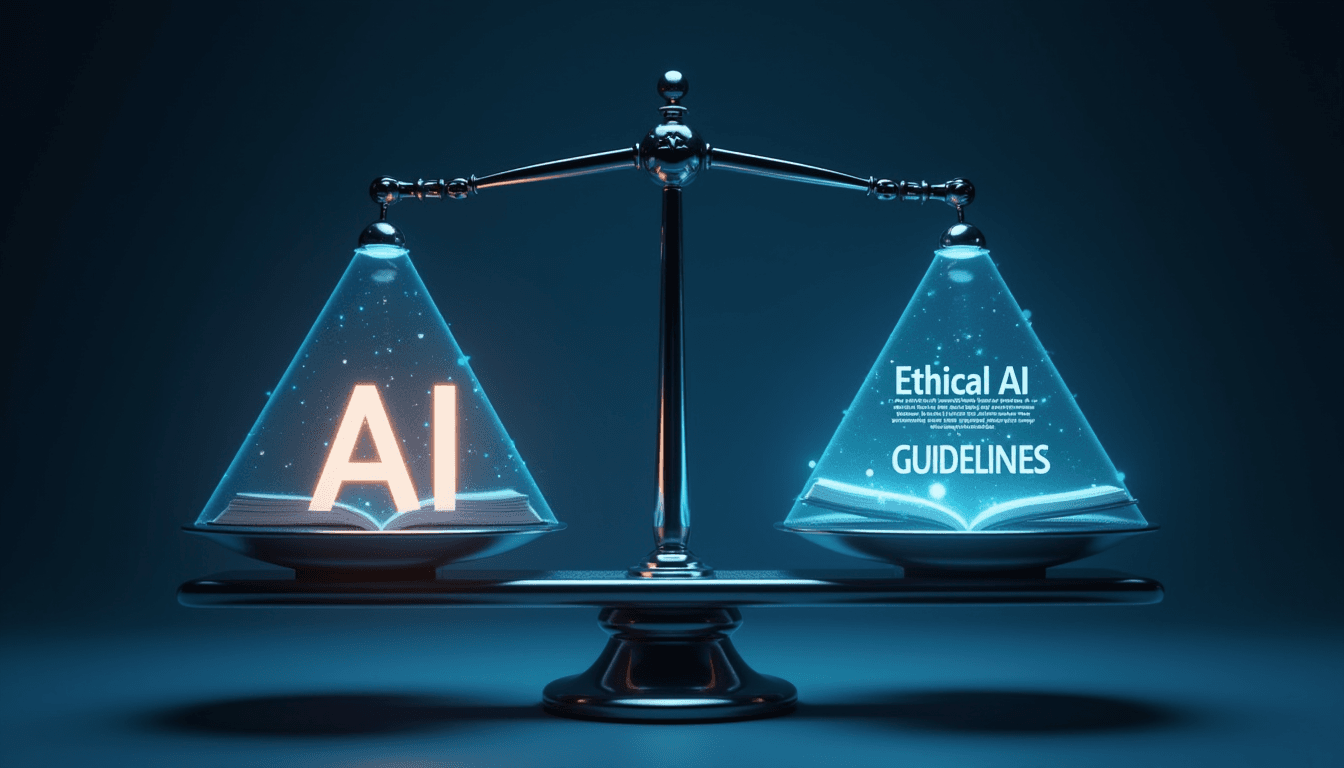 A futuristic balance scale with AI code on one side and an ethical guideline book on the other, symbolizing AI governance and responsibility.