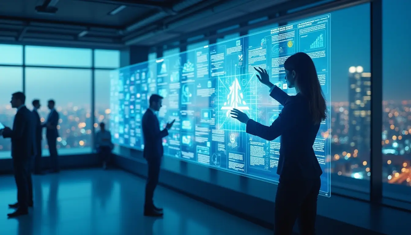 A modern knowledge hub with professionals interacting with a digital resource wall, symbolizing access to AI and leadership insights.