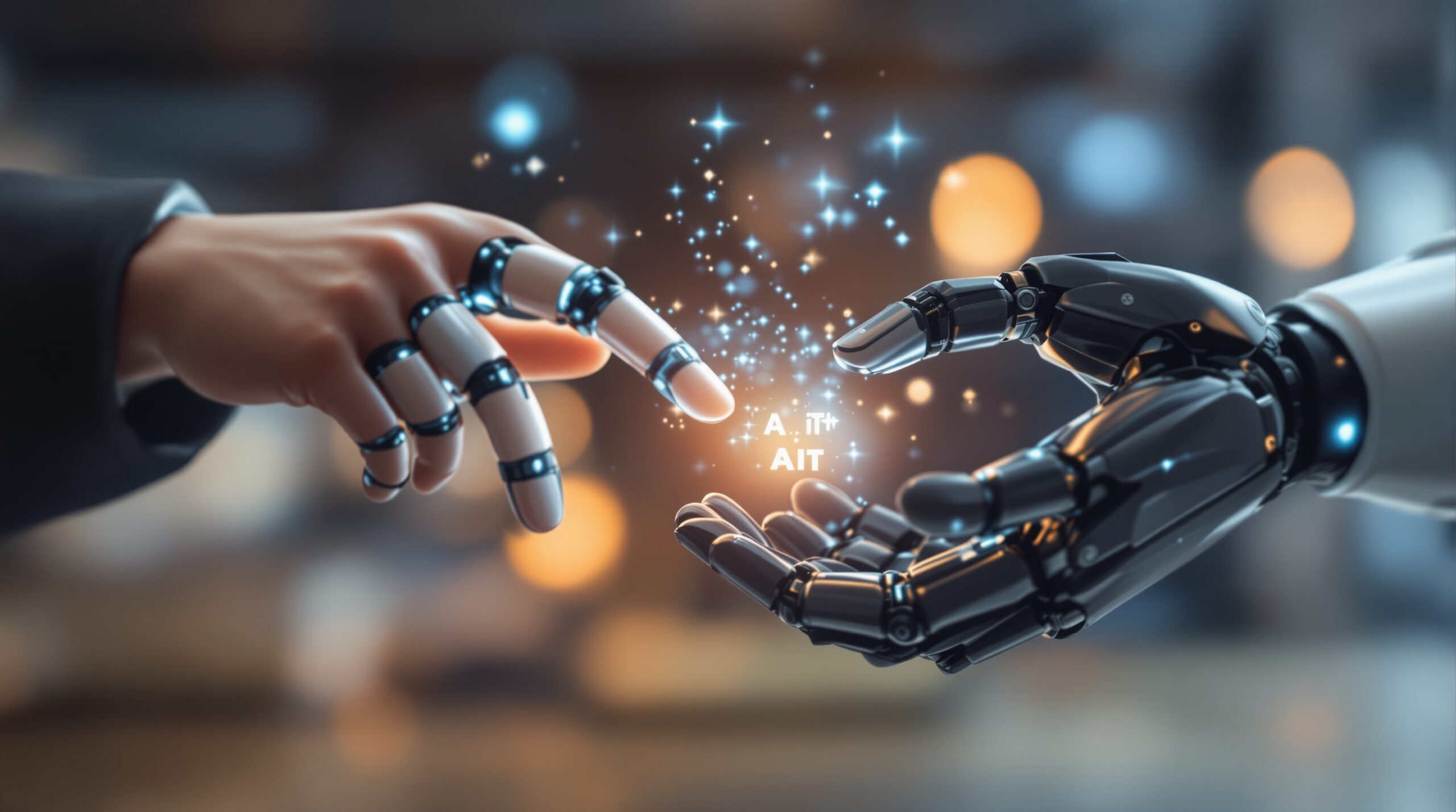 Human and robotic hands collaborating on digital tasks, representing AI automation partnership in modern workplace