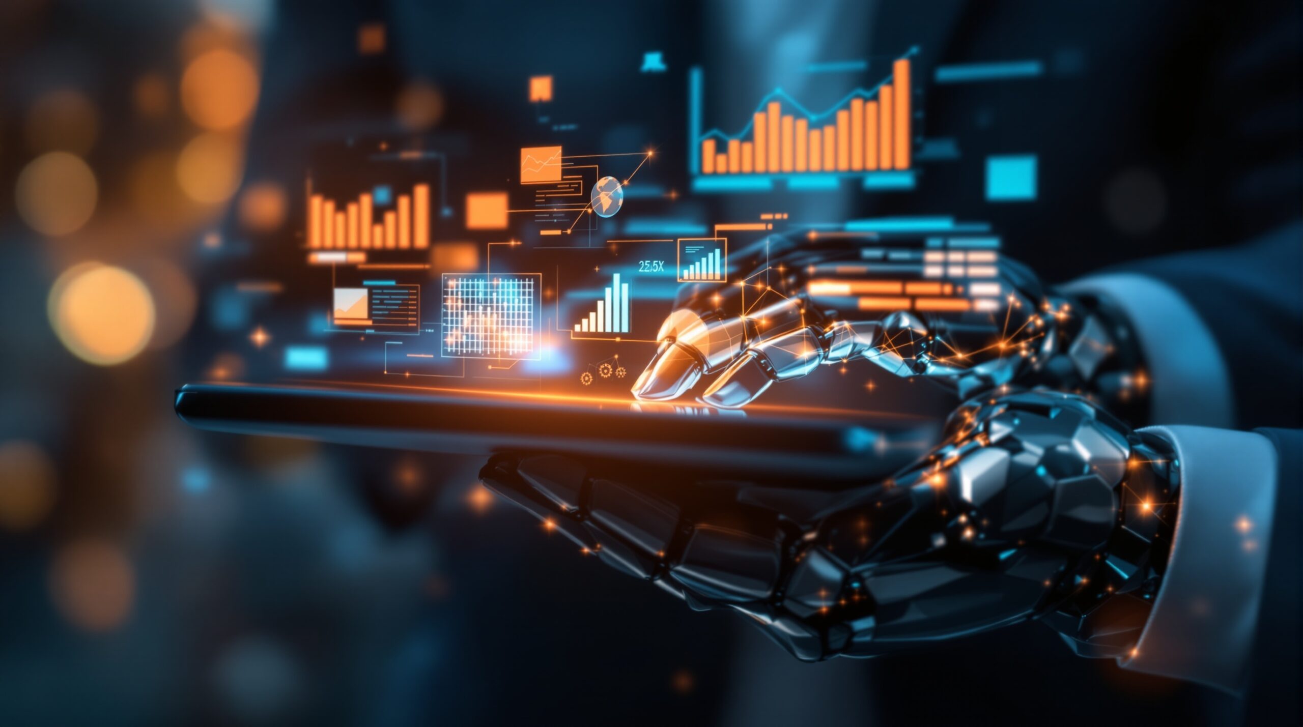 Human and robotic hands collaborating on tablet with holographic data charts, representing AI-generated content partnership