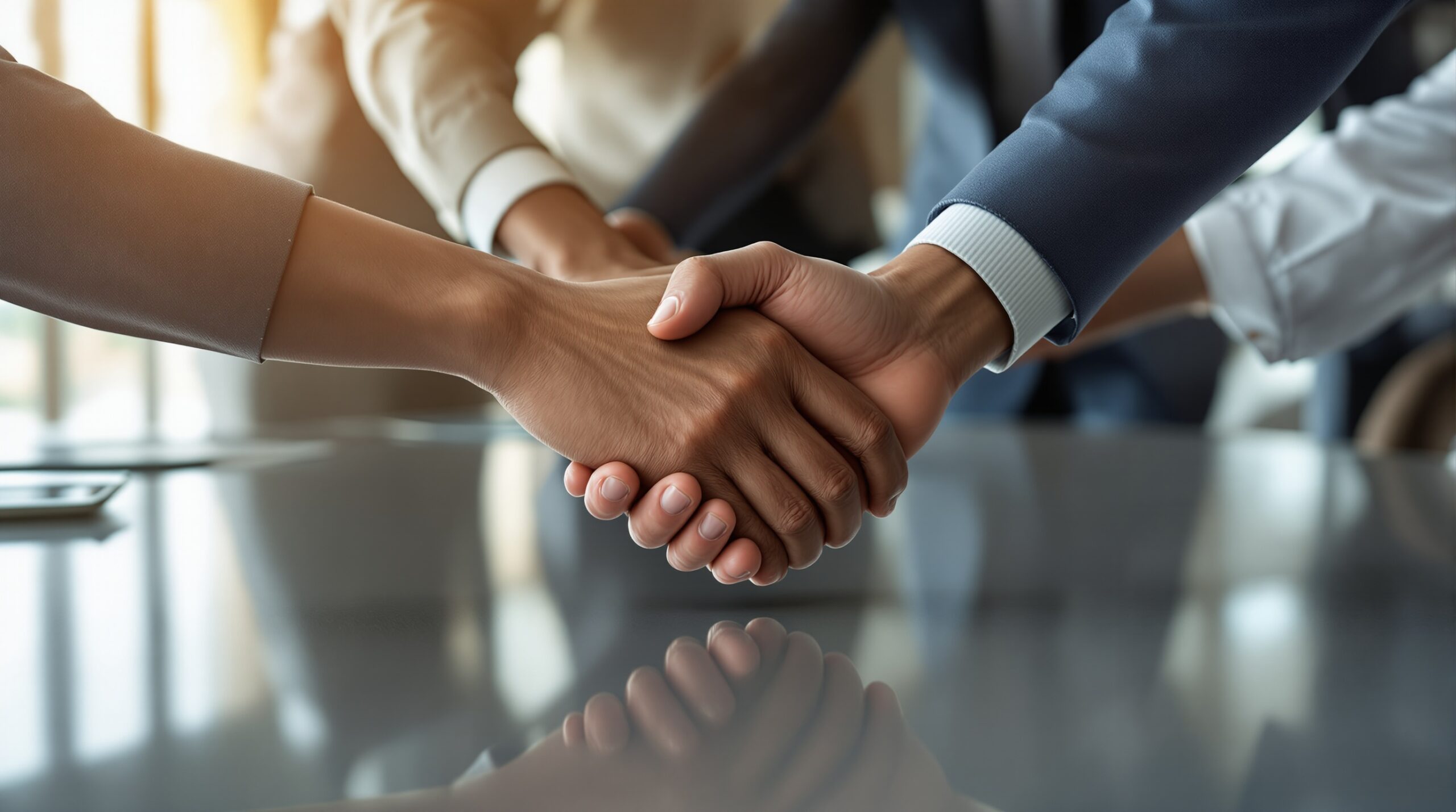Diverse business professionals joining hands in collaborative gesture over conference table, symbolizing integrity in business