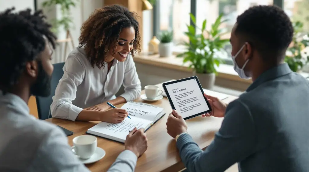 Two professionals comparing traditional email drafting with AI-assisted email composition, highlighting the collaborative human element in technology-enhanced communication