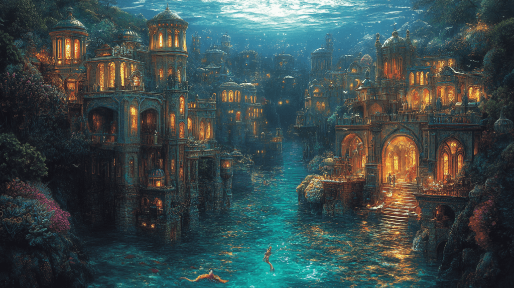 A vibrant, fantastical underwater city illuminated by warm, golden lights glowing from grand, ornate buildings. The structures, resembling ancient Mediterranean or Moorish architecture, are nestled among coral reefs and sea plants. Shafts of light penetrate the ocean surface above, casting a dreamy glow. Mermaids swim gracefully through the turquoise waters, bringing life to the serene, magical atmosphere.