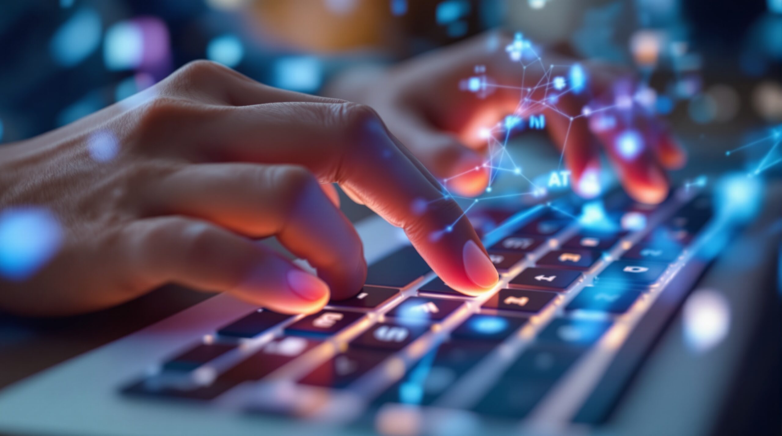 Human hands typing on keyboard with blue holographic AI overlays, showing collaboration between human input and technology