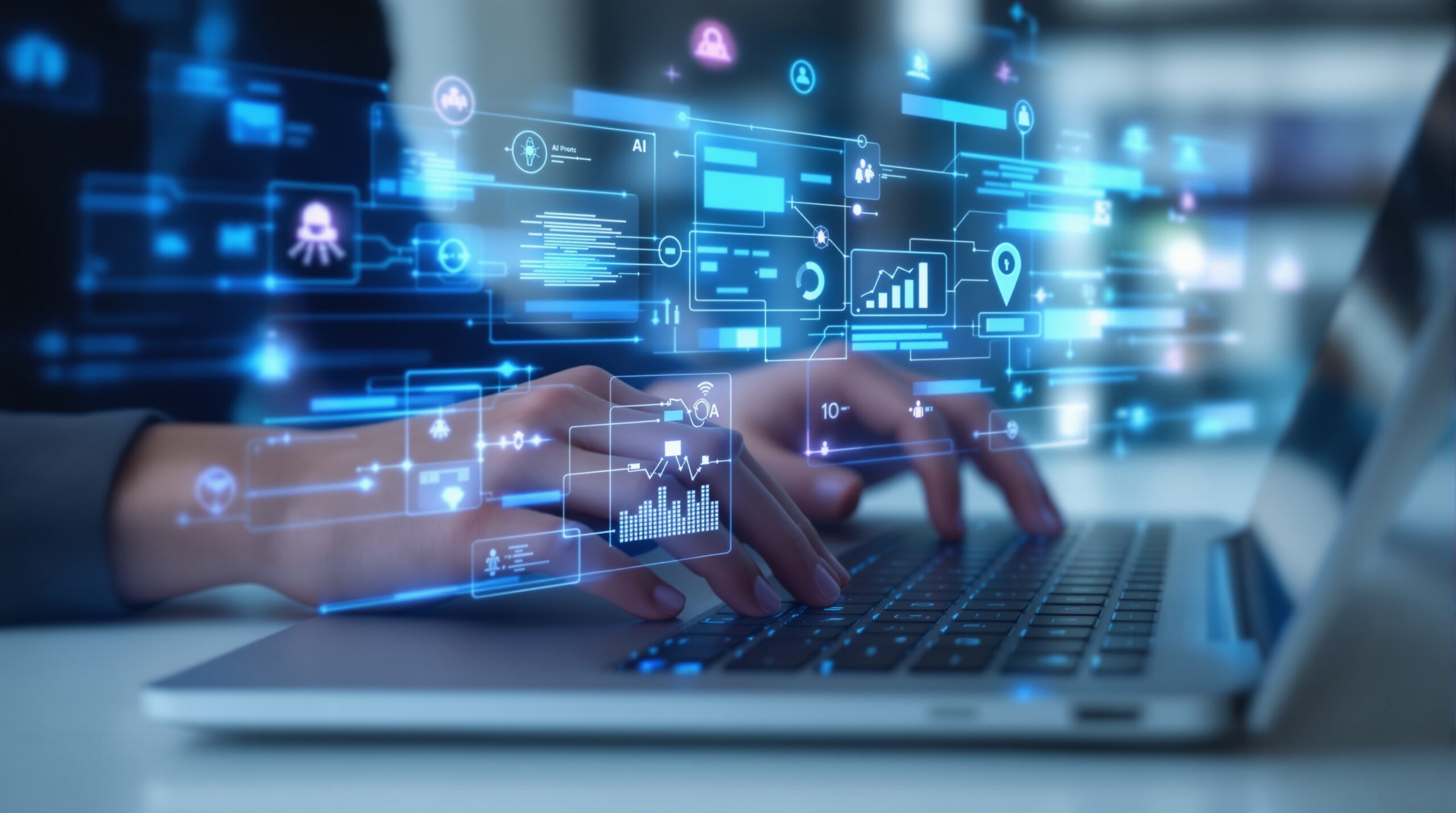 Hands typing on laptop with holographic AI prompt flowcharts and data visualizations floating above keyboard